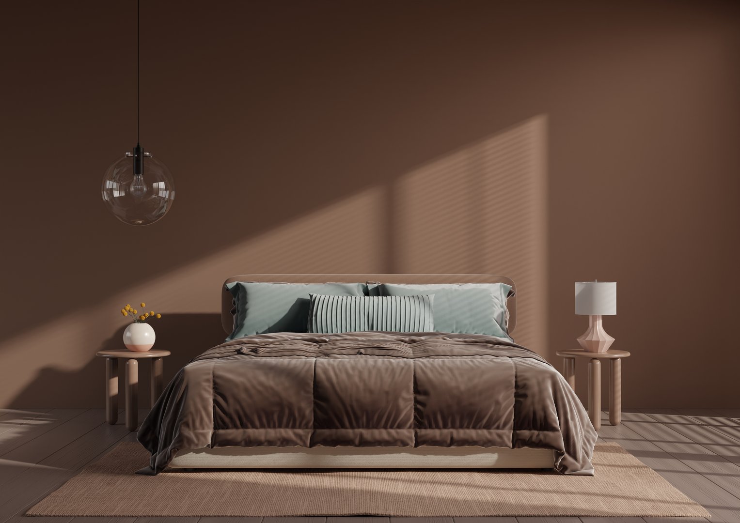 Mock up dark bedroom interior in brown mocha mousse 2025 color- 3D rendering