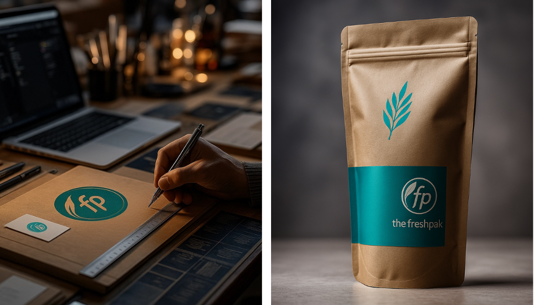 Designer working on branding for a company. Right: Packaged product with matching logo and color scheme.