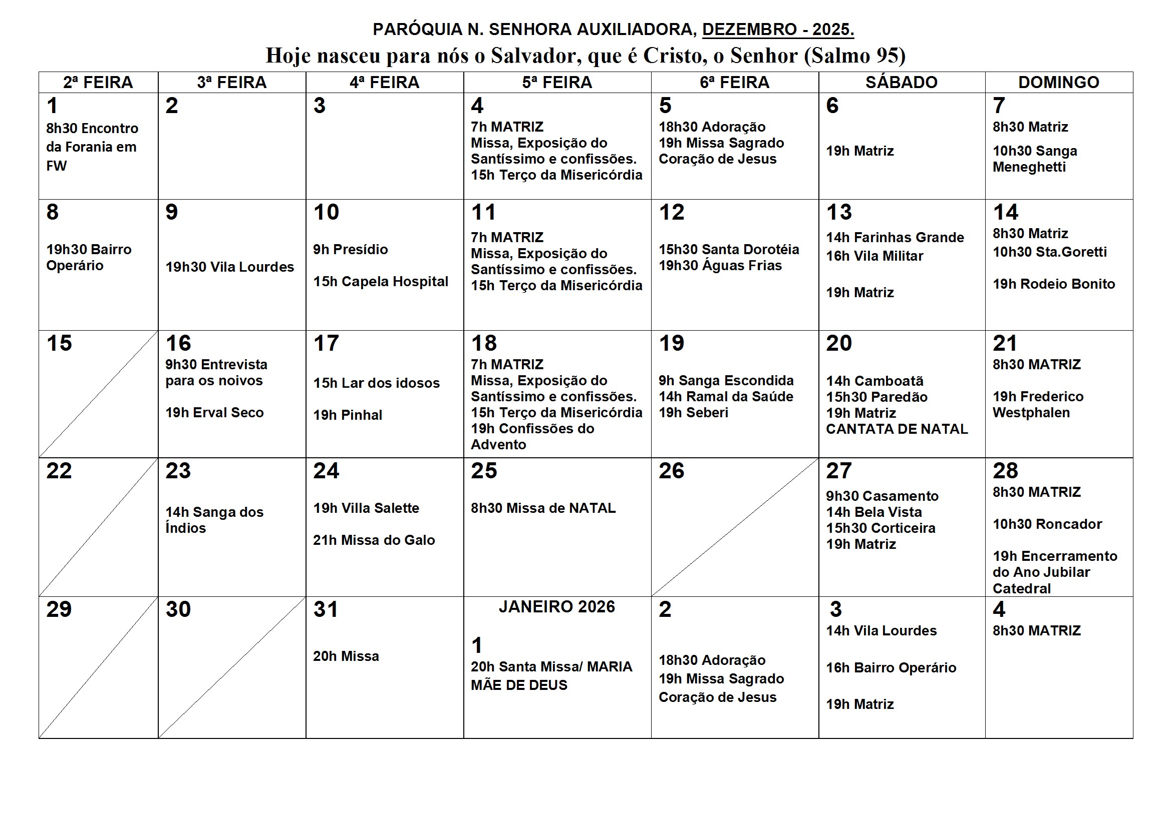 Calendário de Missas - Dezembro 2025
