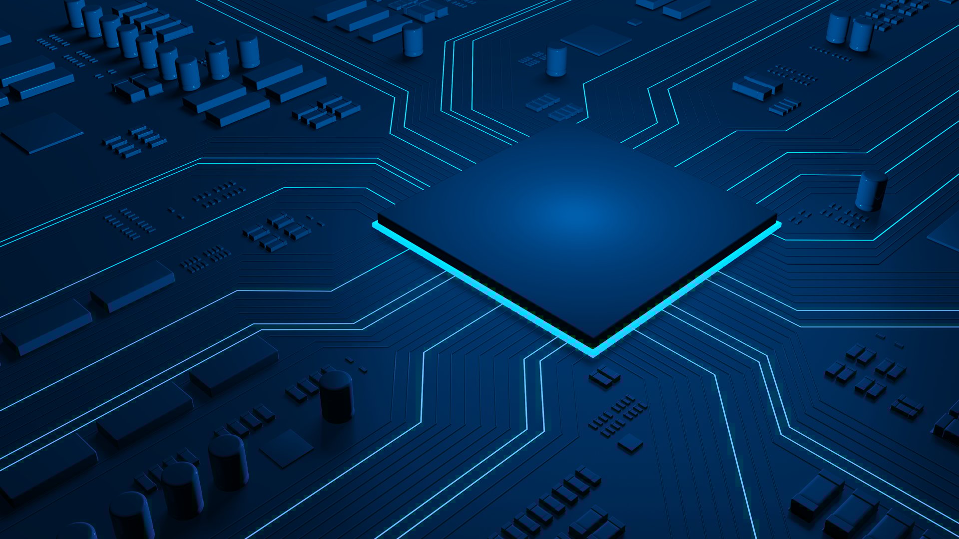 Chip on circuit board. Computer motherboard with CPU. Technology background. 3d illustration.