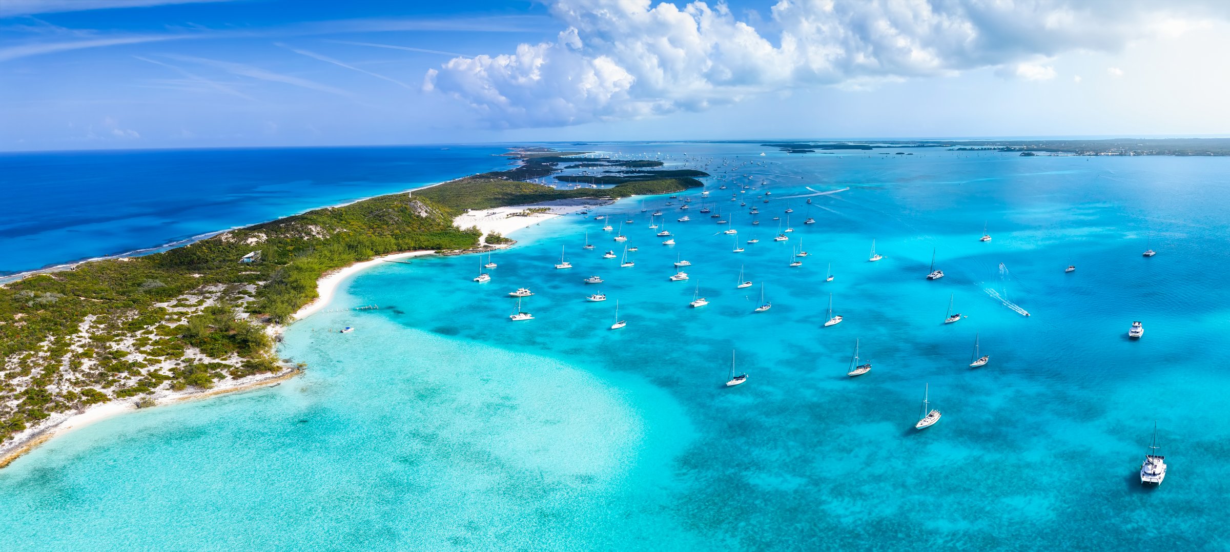 Aerial view of the beautiful coast of Stocking Island, The Exumas, Bahamas, with sandy beaches and turquoise ocean