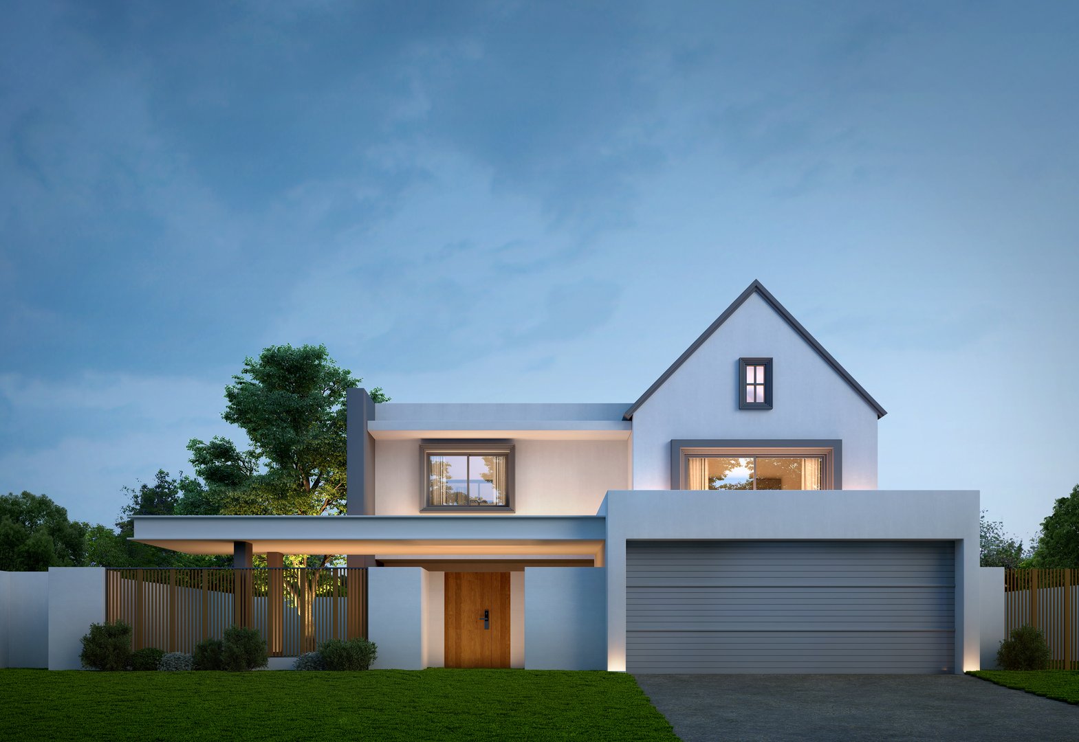 Modern house exterior with blue sky night scene.3d rendering