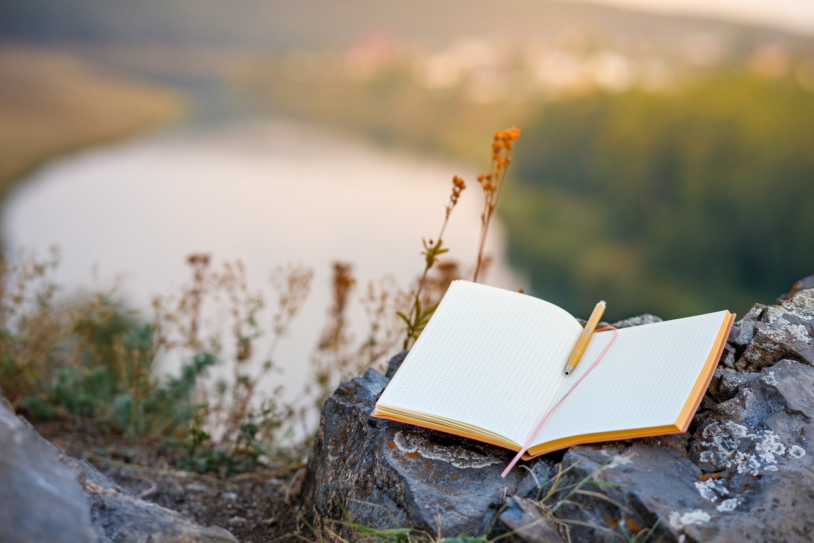 an open empty book with a fountain pen outdoors, the background is a blurred river and forest. a writer in search of inspiration in nature