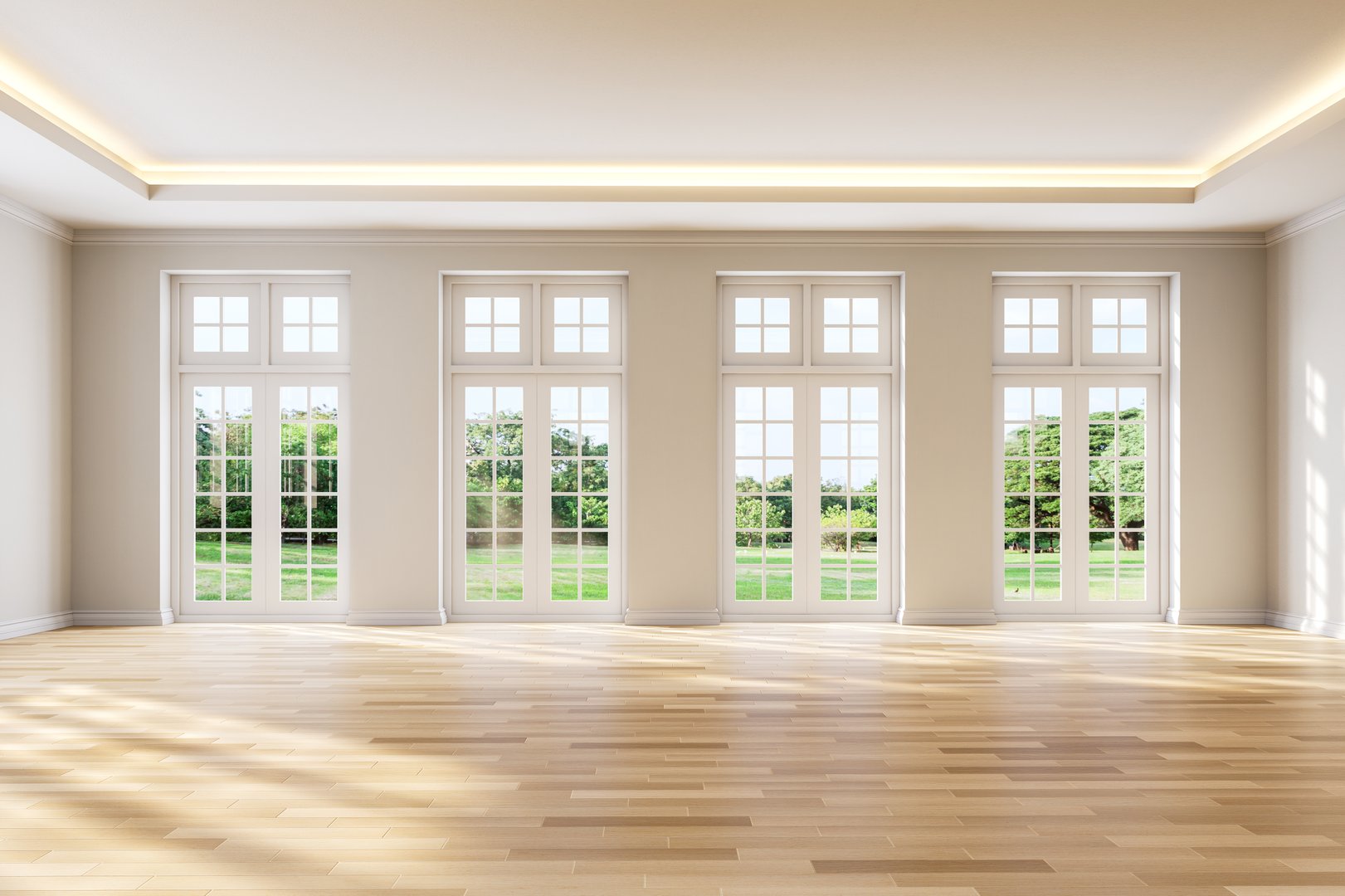 Modern luxury empty room interior 3d render, The rooms have wooden floors white walls there are white window looking out to the nature view.