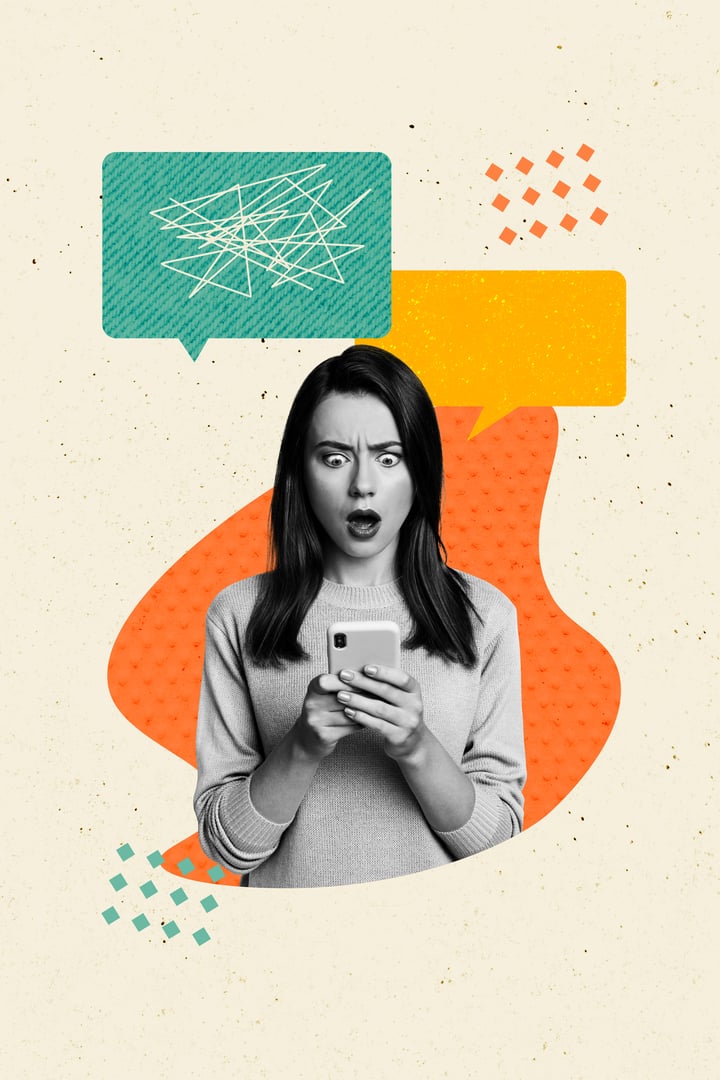 Composite trend artwork sketch image photo collage of cyberspace hand gesture model posing young lady attractive stand hold smartphone.