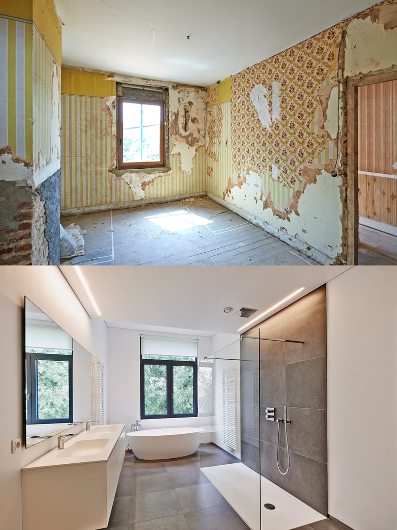Renovation of a bathroom Before and after in vertical format