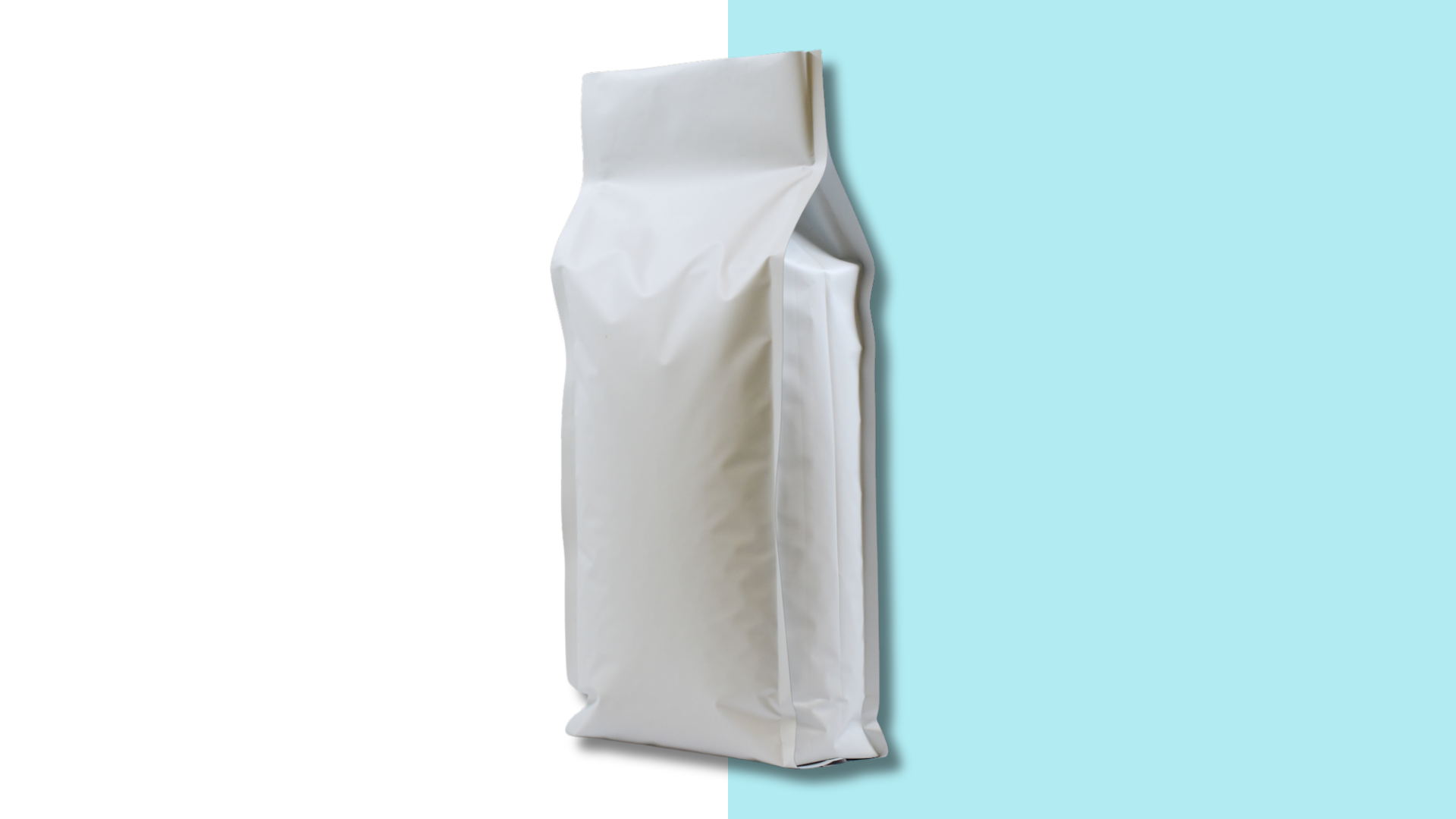 White, unbranded coffee bag on a split white and light blue background, standing upright, with a sealed top and side gusset.