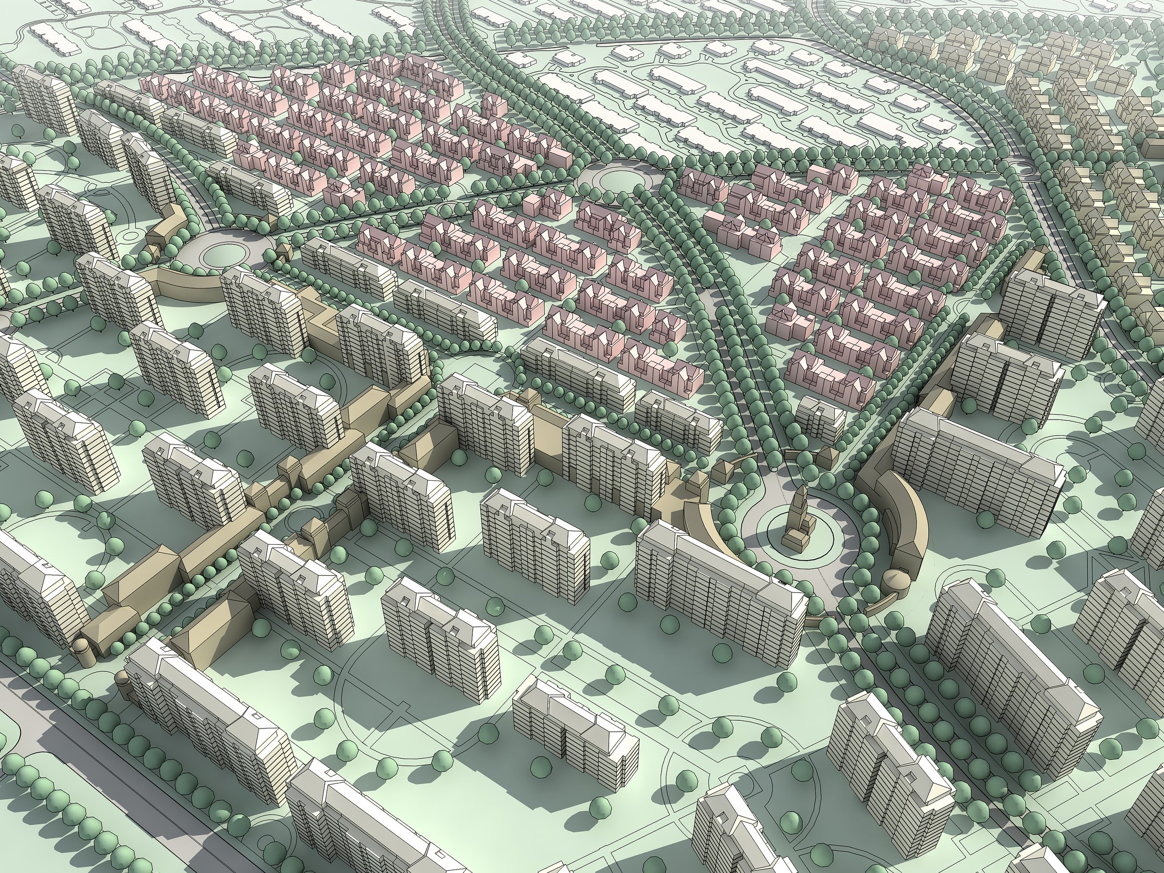 3D architectural rendering of a suburban neighborhood with rows of houses, green spaces, and tree-lined streets.