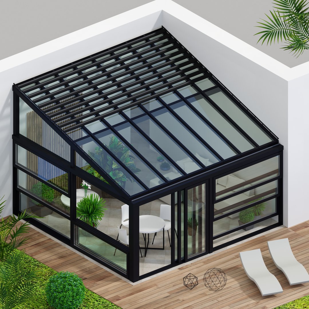 Moderne glazen schuifwand in stijlvolle woonkamer