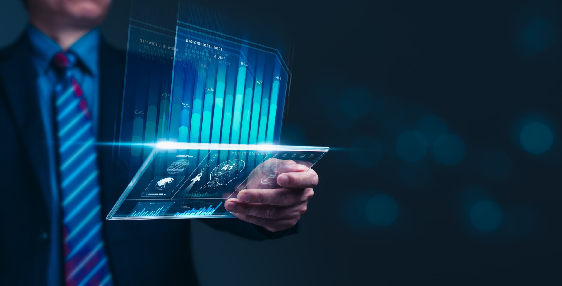 Businessman analyzes financial graphs and data on tablet screen. Technology empowers data-driven growth strategies.