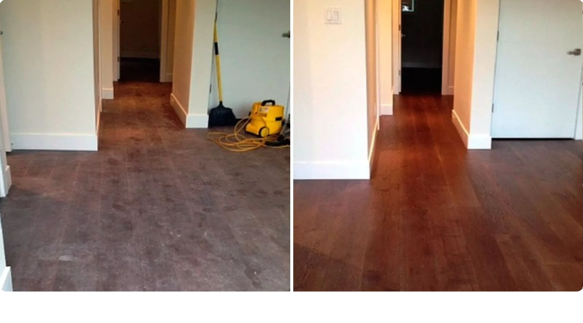 Side-by-side comparison of a hallway with dirty and clean hardwood floors, showcasing the effect of cleaning.