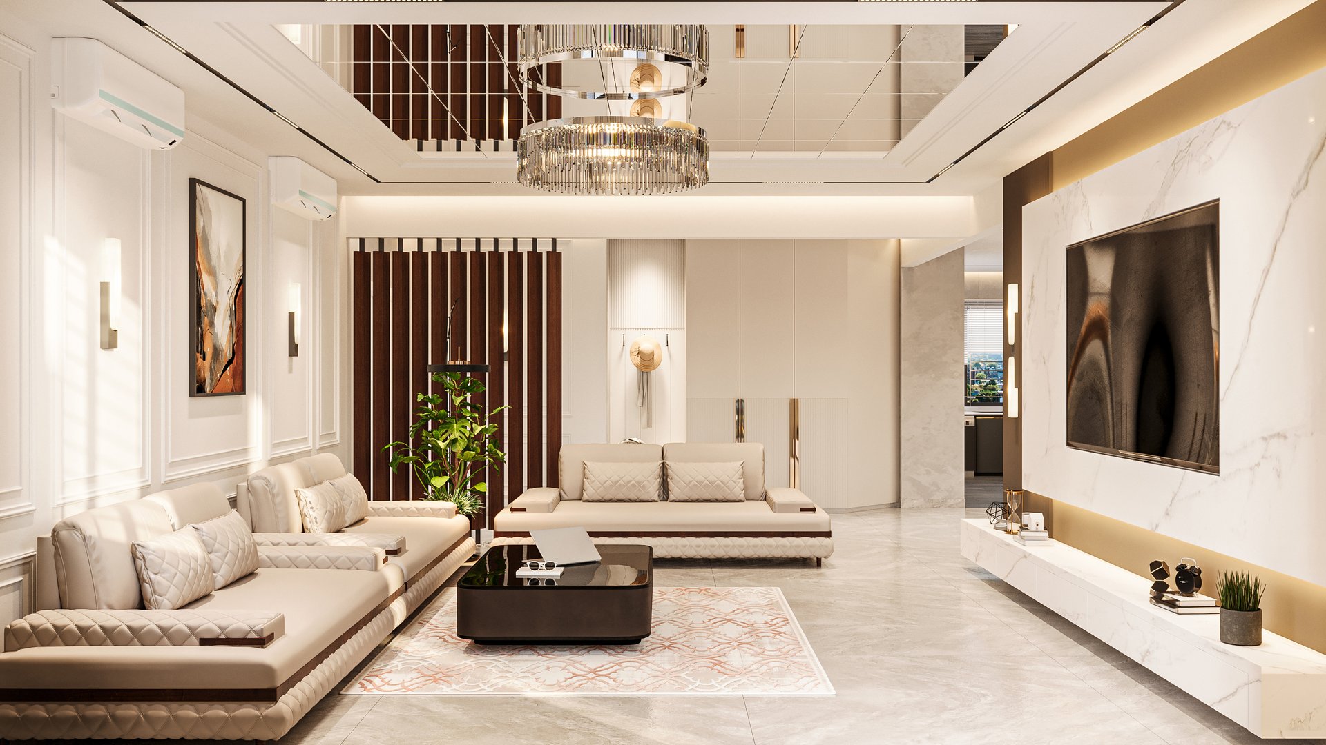 Modern 3d render of a contemporary living room interior design