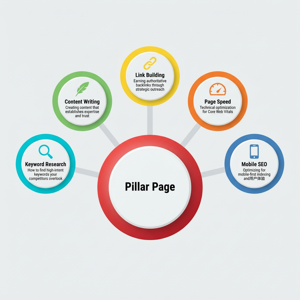 Pillar cluster model diagram showing central pillar with supporting content clusters
