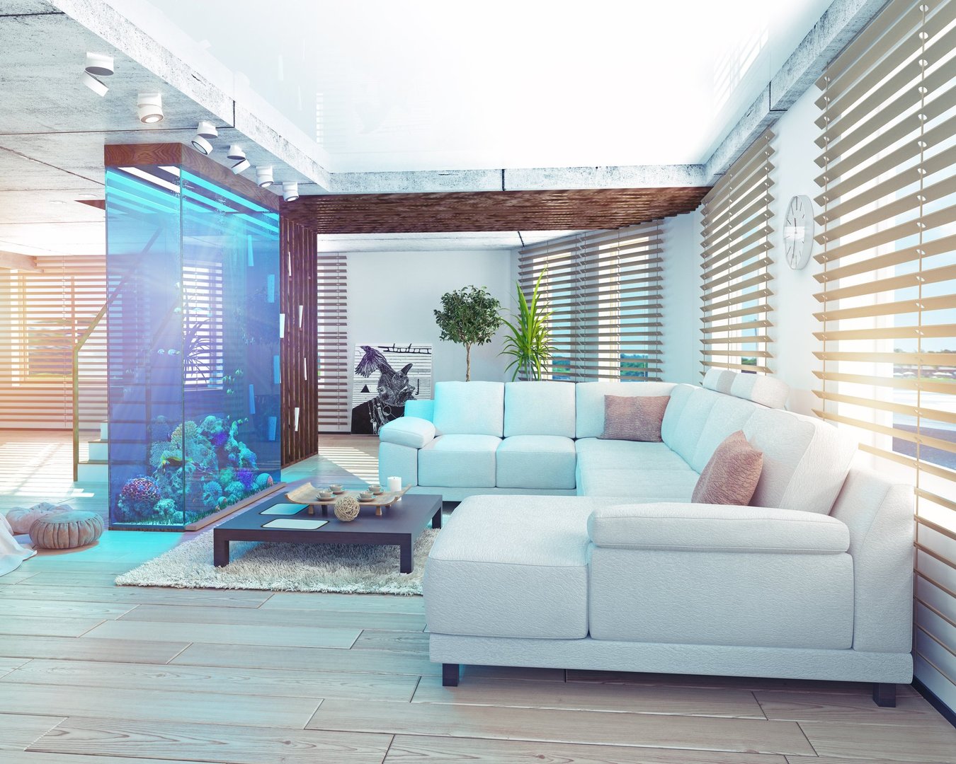 The modern loft interior with aquarium. 3d concept