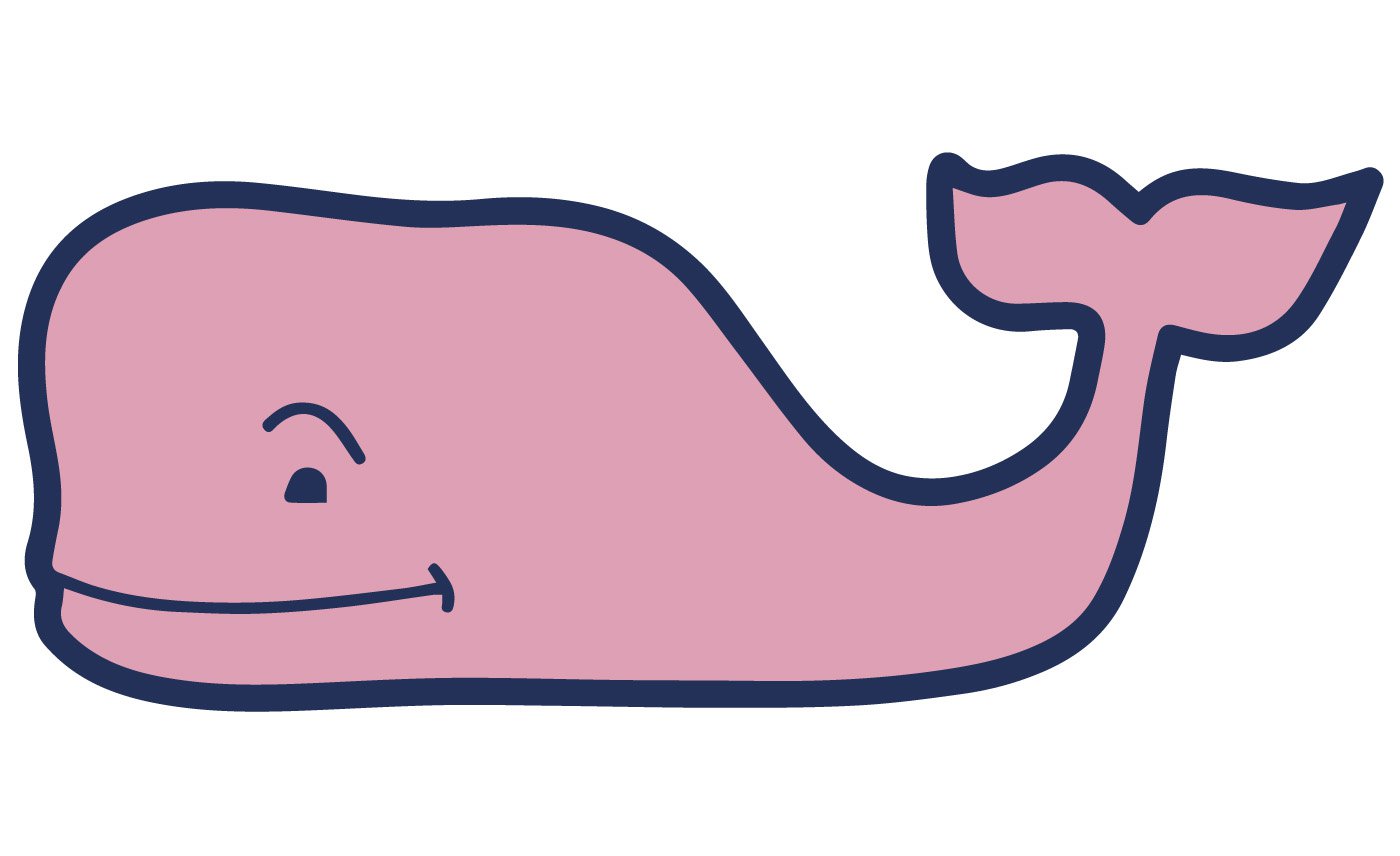 Simple cartoon illustration of a smiling pink whale with a blue outline on a white background.