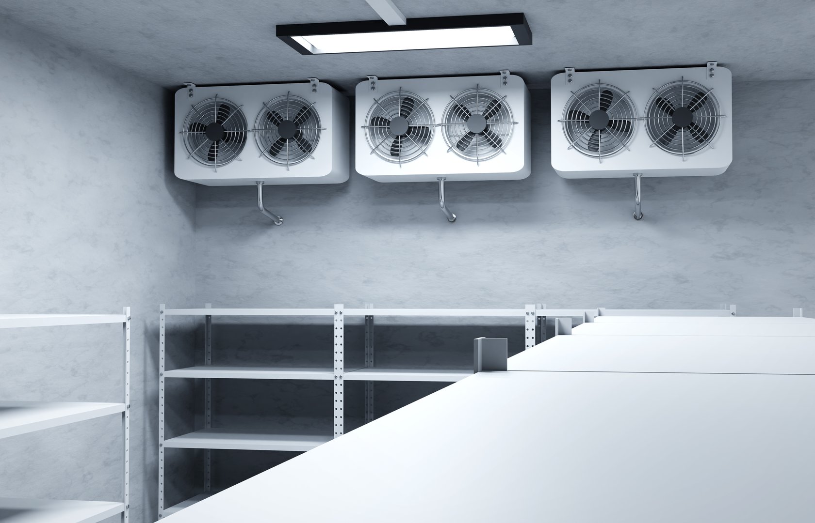 Refrigeration warehouse for food. Metal shelves frozen foods. 3d-rendering