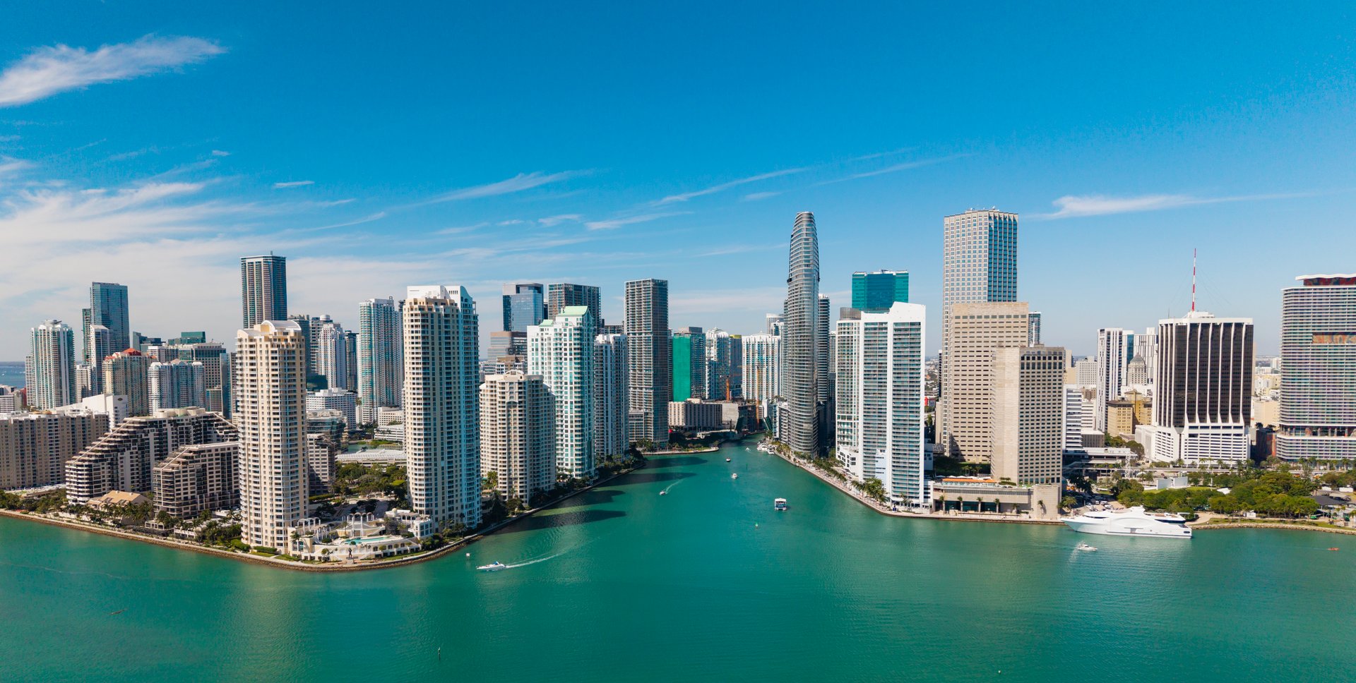 Miami skyline. Miami skyscraper cityscape. Miami city skyline view of Brickell key. Miami downtown. Skyscraper building. Cityscape building downtown. Travel destination. City architecture.