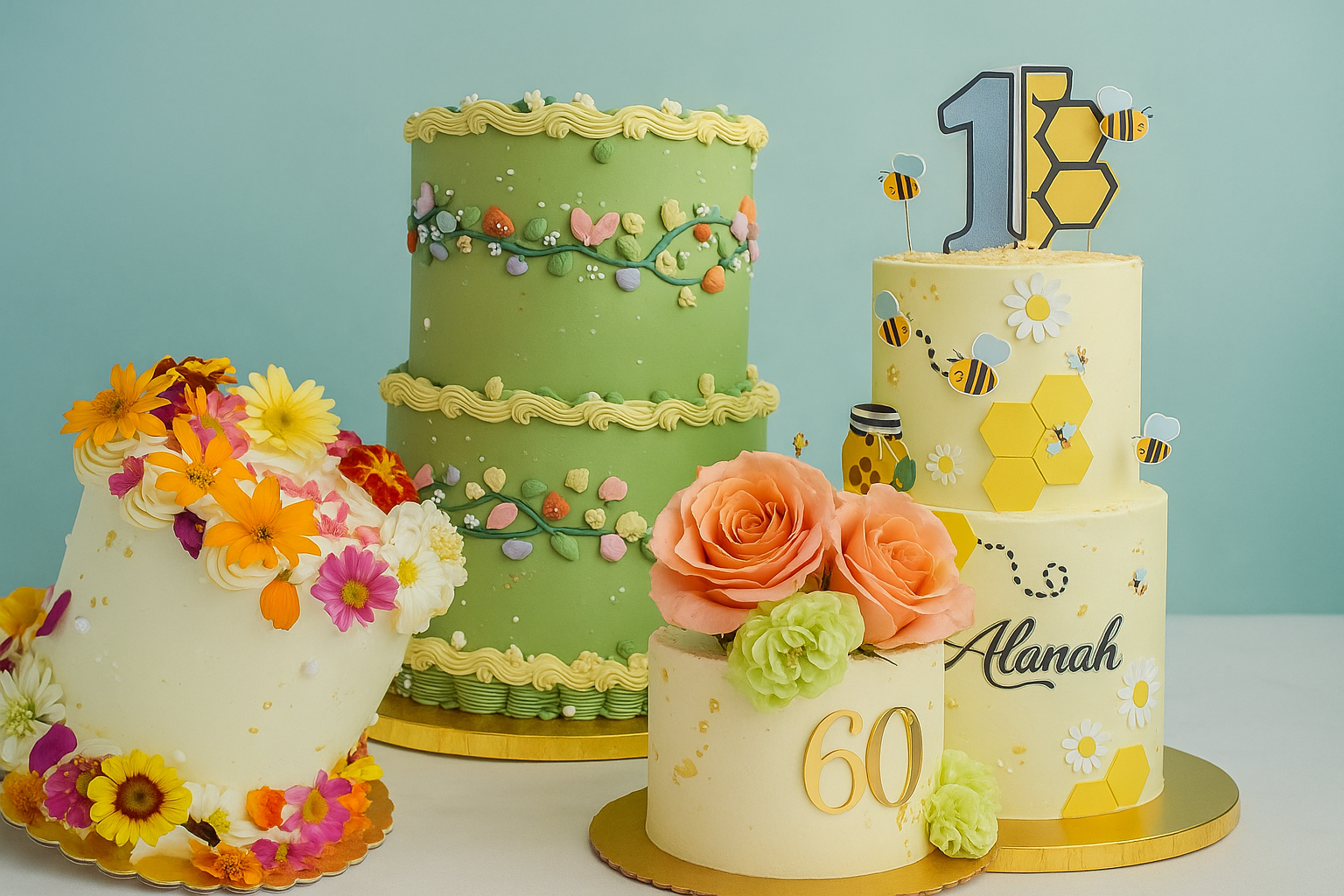 A display of four decorative cakes with floral and bee themes, featuring numbers 18 and 60 for birthday celebrations.