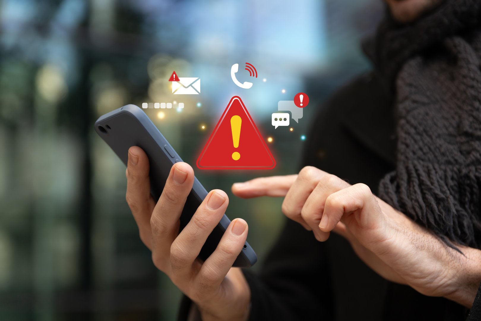 Man using smartphone with red alert and warning icons, mobile threats, spam, scam, phishing, or emergency notifications.
