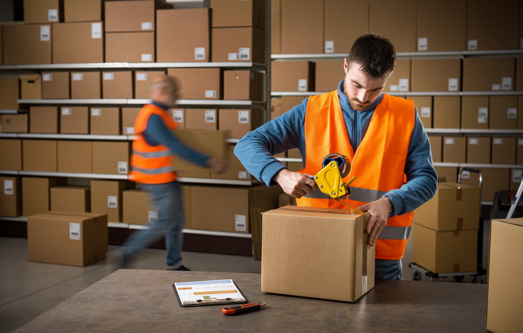 Warehouse worker sealing a delivery box using a tape dispenser gun, shipment and logistics concept