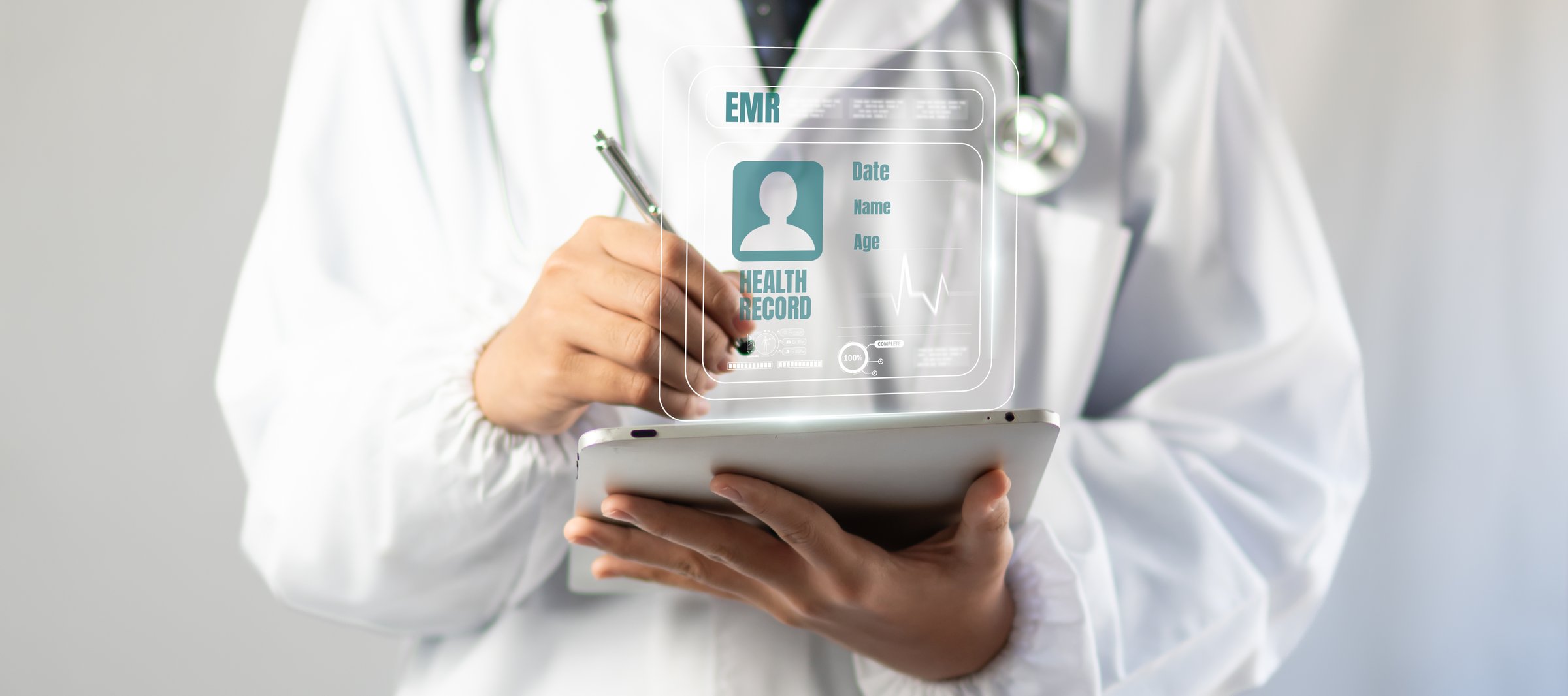 Digital medical record concept showing doctor using stylus to interact with floating EHR interface on tablet, representing modern paperless healthcare in smart clinical environment.