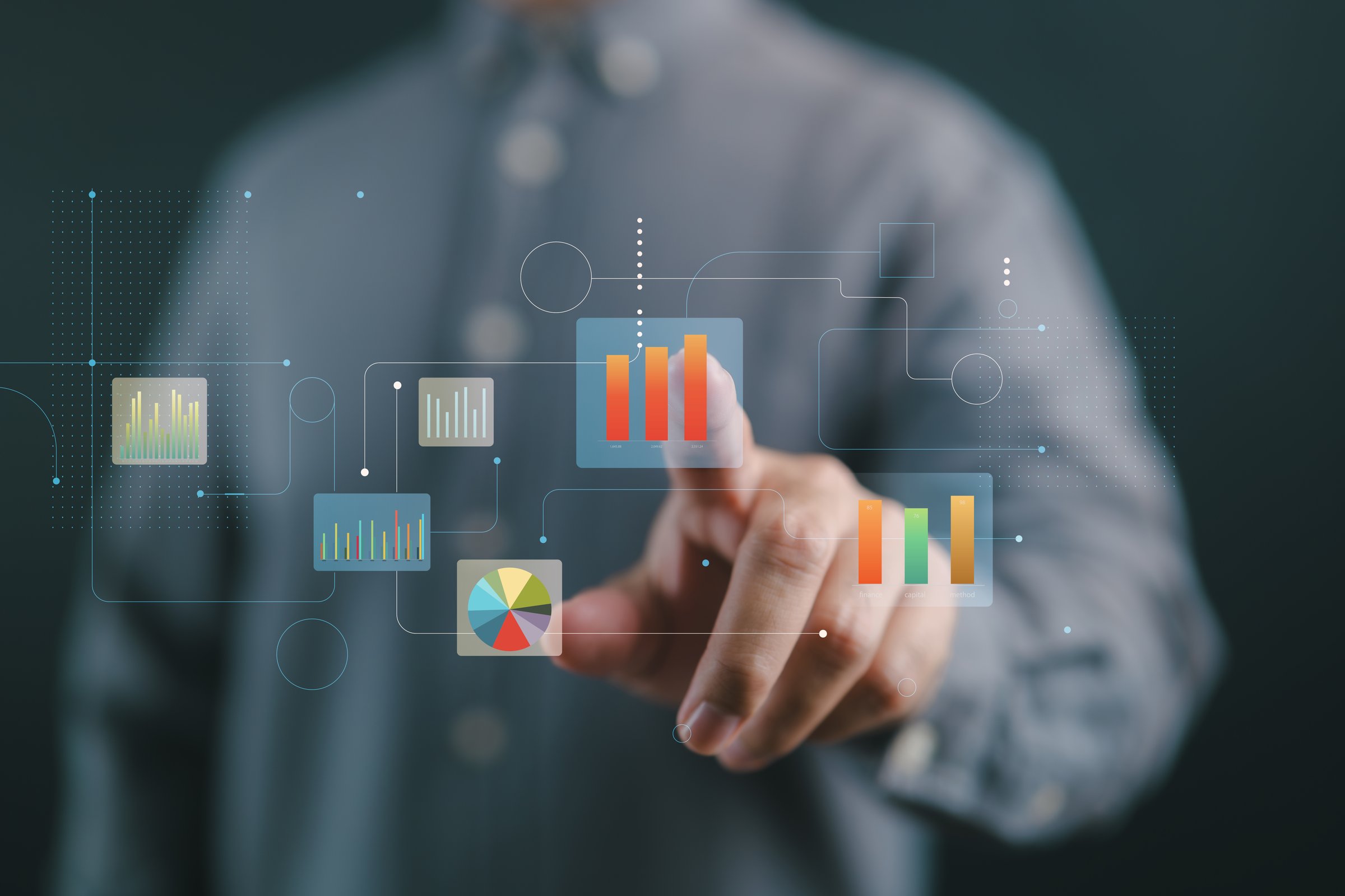 Touchscreen data visualization for real-time business insights and trends.