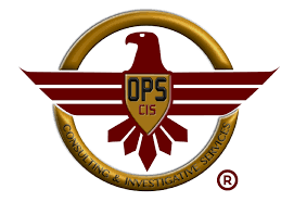 Logo featuring a red eagle with wings extended, a badge reading OPS CIS, encircled by a gold ring with text: Consulting &amp; Investigative Services.