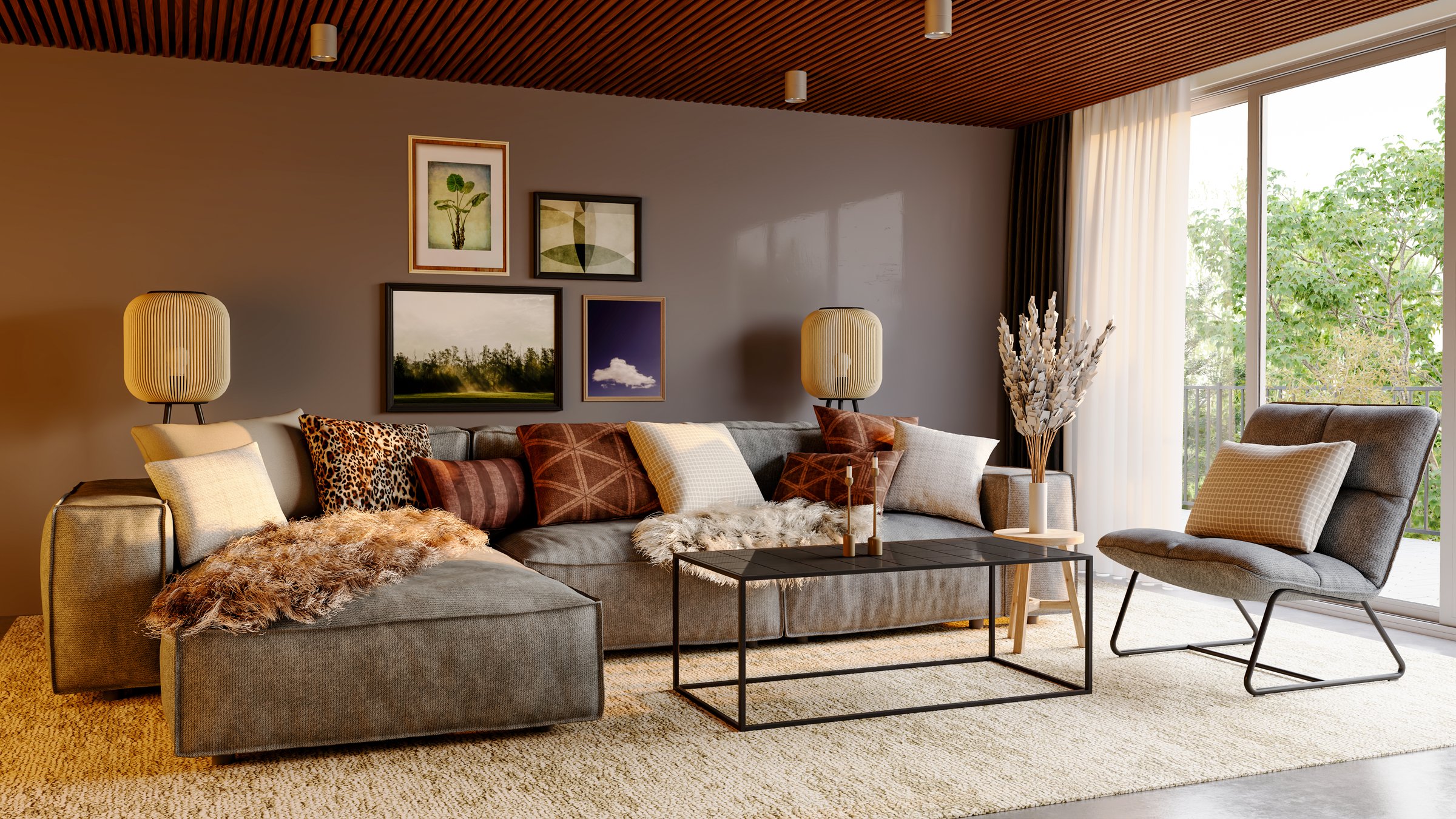 Large luxury modern bright interiors Living room mockup illustration 3D rendering image