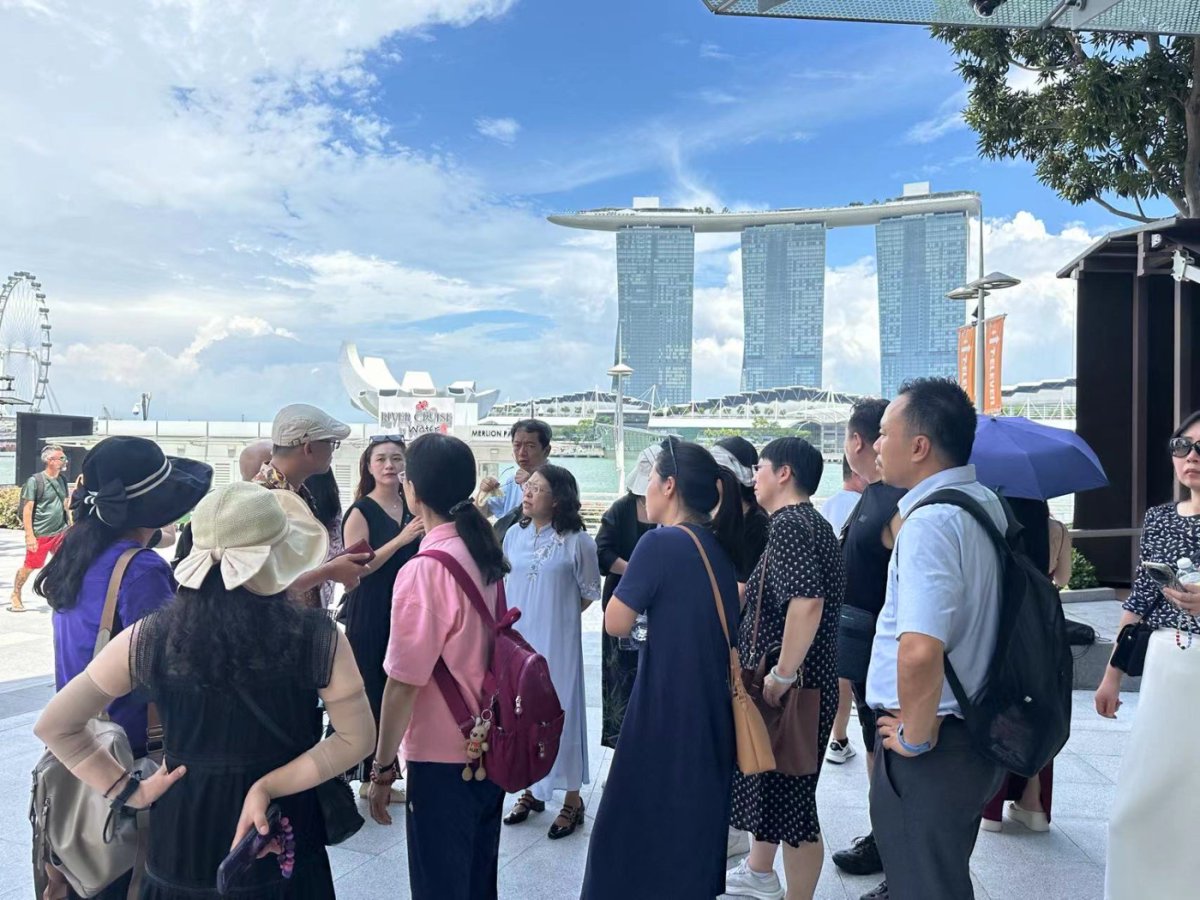 A group of tourists gathered outside with a large building and Ferris wheel in the background on a sunny day.