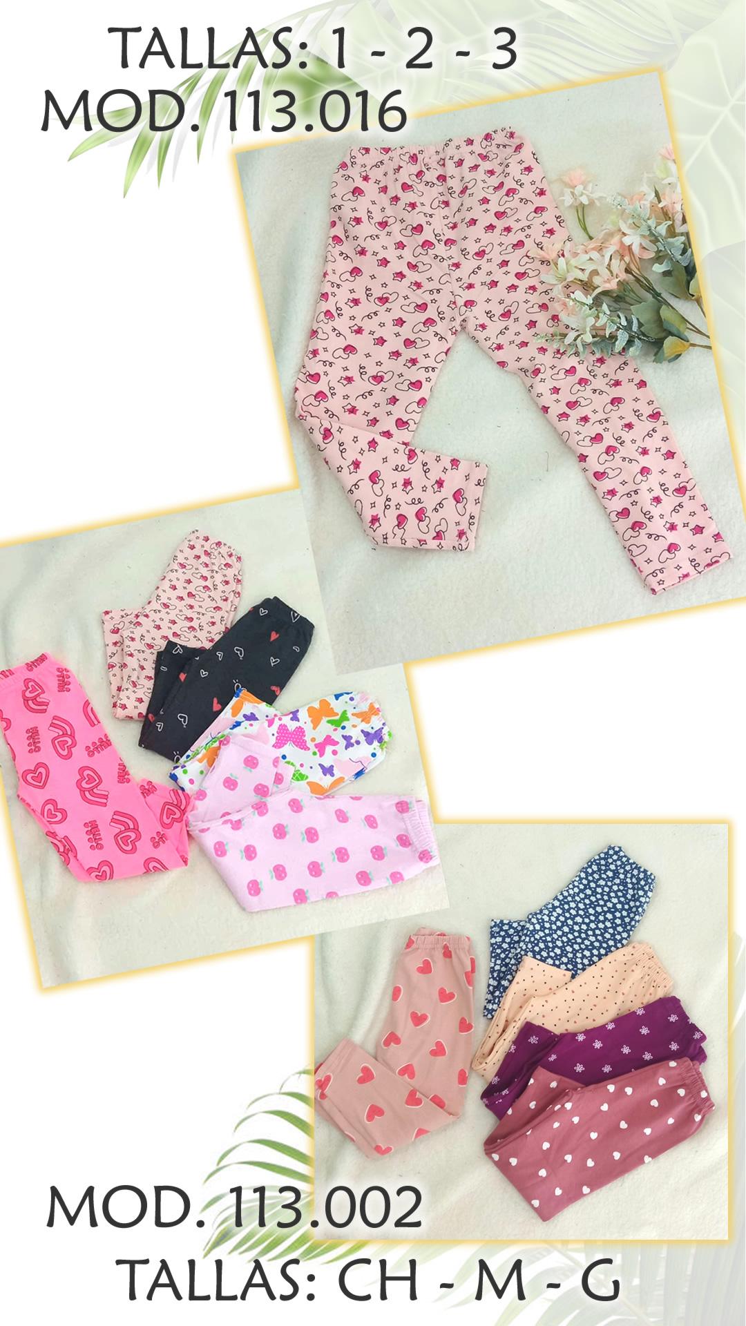 Two sets of patterned children's leggings in various colors and designs, shown with size and model information.