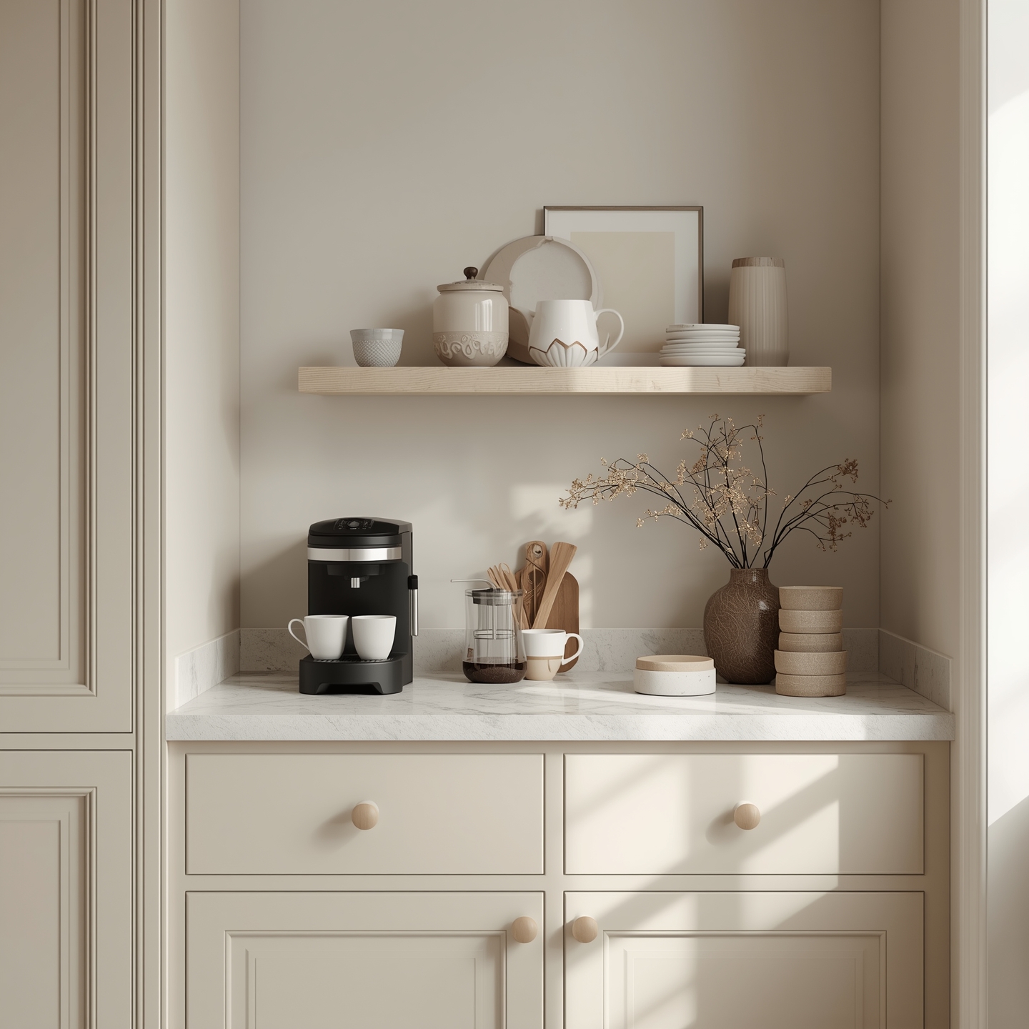 Lys og luftig kaffestasjon med naturlige materialer