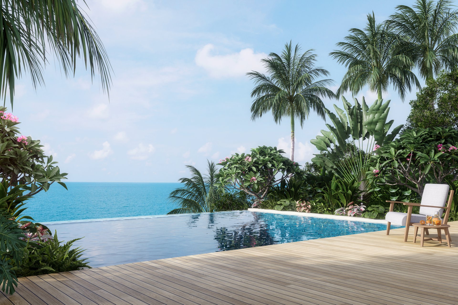 Modern contemporary style swimming pool terrace with sea view surrounded by tropical style garden 3d render ,There are plank floors decorated with wooden chair