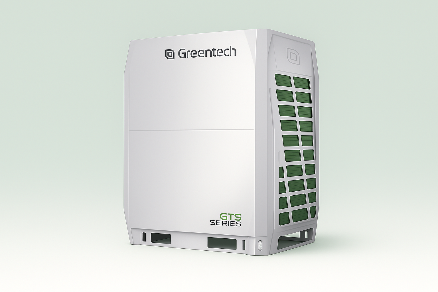Modern white computer case with Greentech GTS Series branding, featuring green ventilated panels.