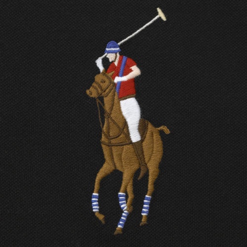 Embroidered logo of a polo player on horseback, wearing a red shirt, blue helmet, and holding a mallet on a black background.