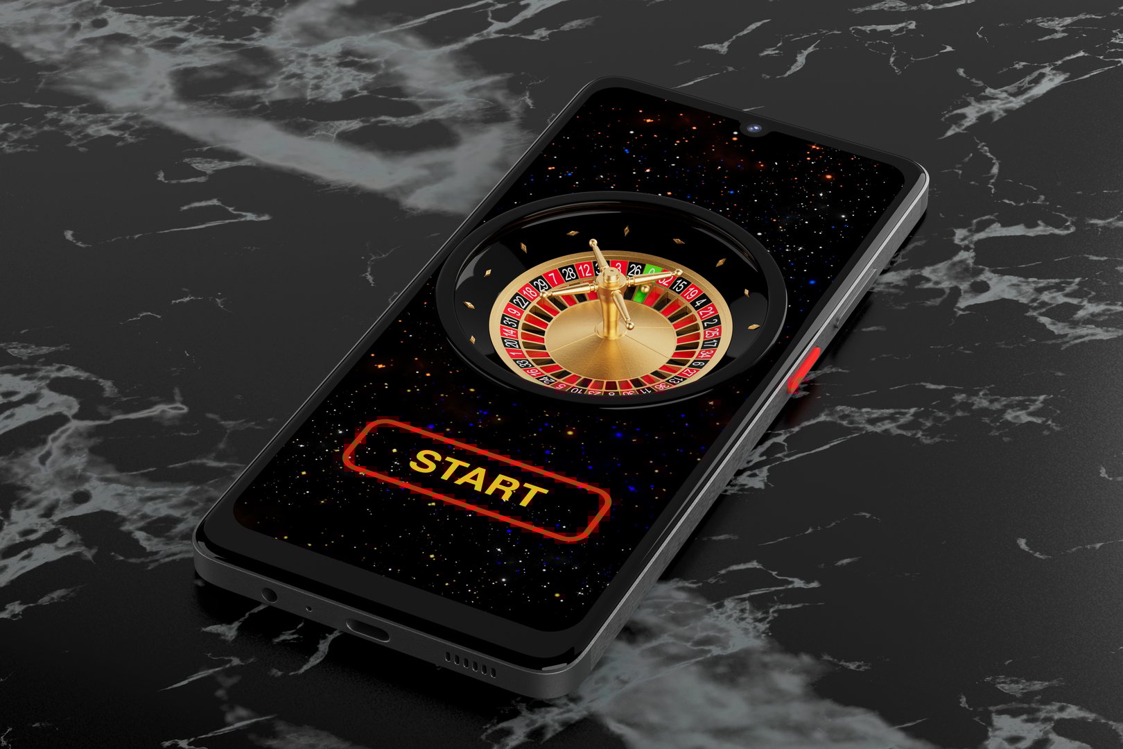 Gaming Applications Concept. Online Casino American Roulette Wheel on Smartphone Screen extreme closeup. 3d Rendering