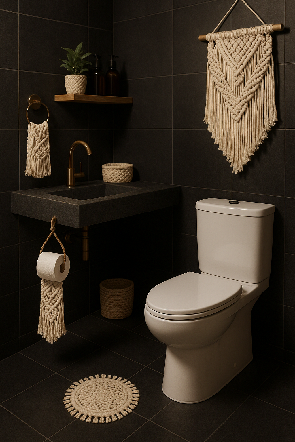 Modern bathroom with dark tiles, a white toilet, a black sink, and macrame decor items, including a hanging piece and toilet roll holder.