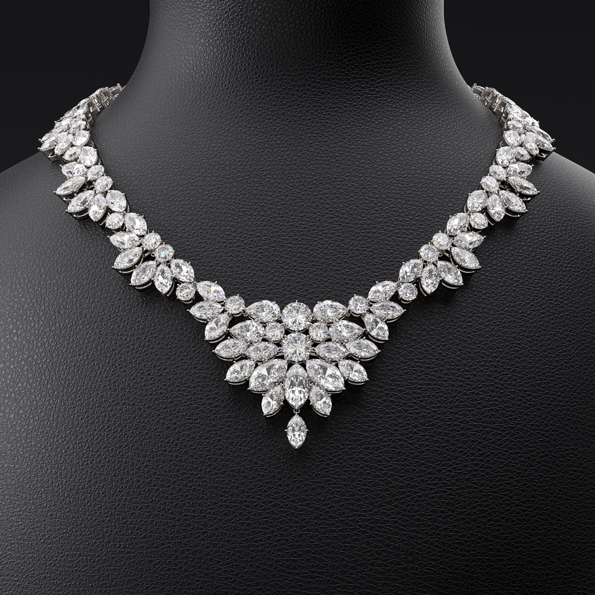 Luxurious diamond necklace on a leather bust stand. Close-up. Jewelry showcase. Frontal view. 3d rendering.
