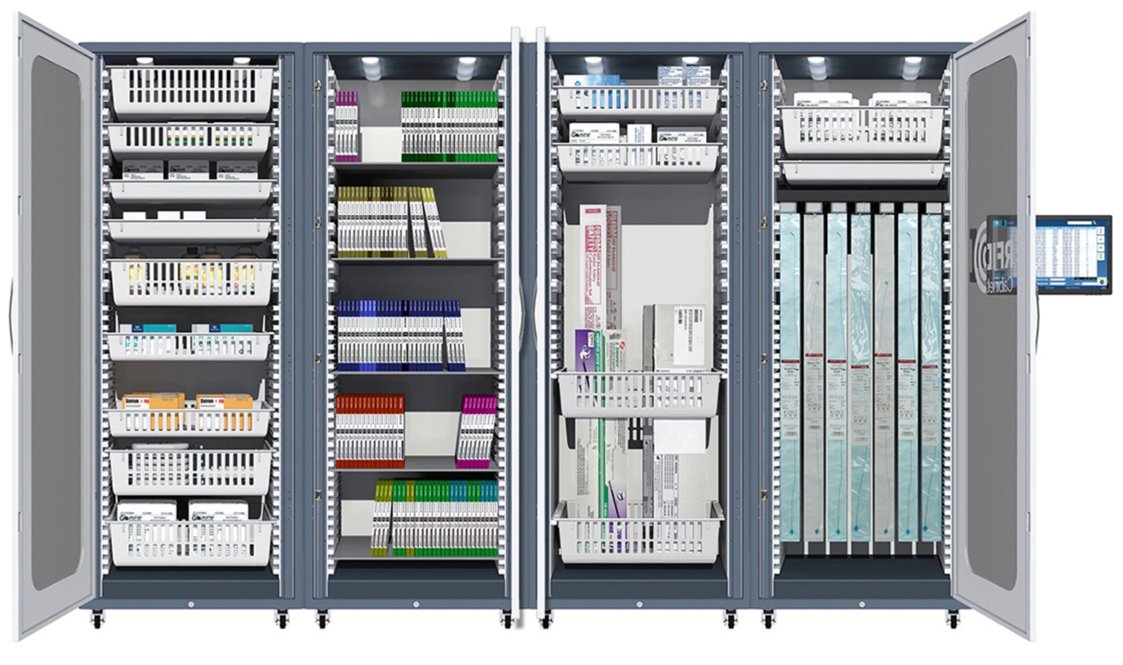 Organized storage cabinets with assorted files, folders, and baskets in various colors.
