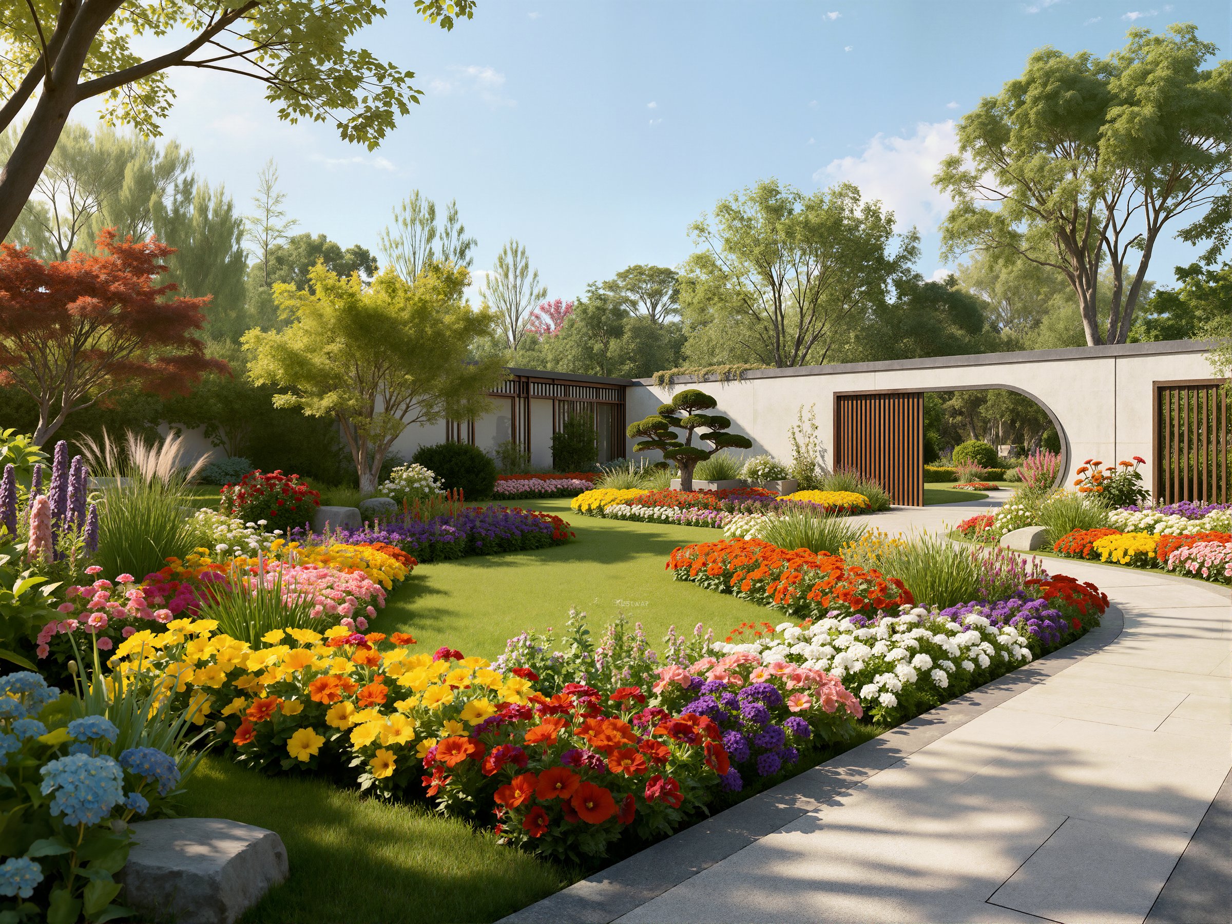 A 3D render of a beautiful contemporary garden featuring square stepping stones on lush green lawn, bordered by vibrant flowering beds and clean white walls