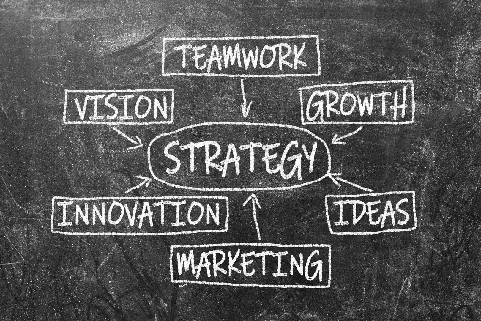 Business strategies and goals or New Year and Merry Christmas written on a school chalkboard or blackboard.