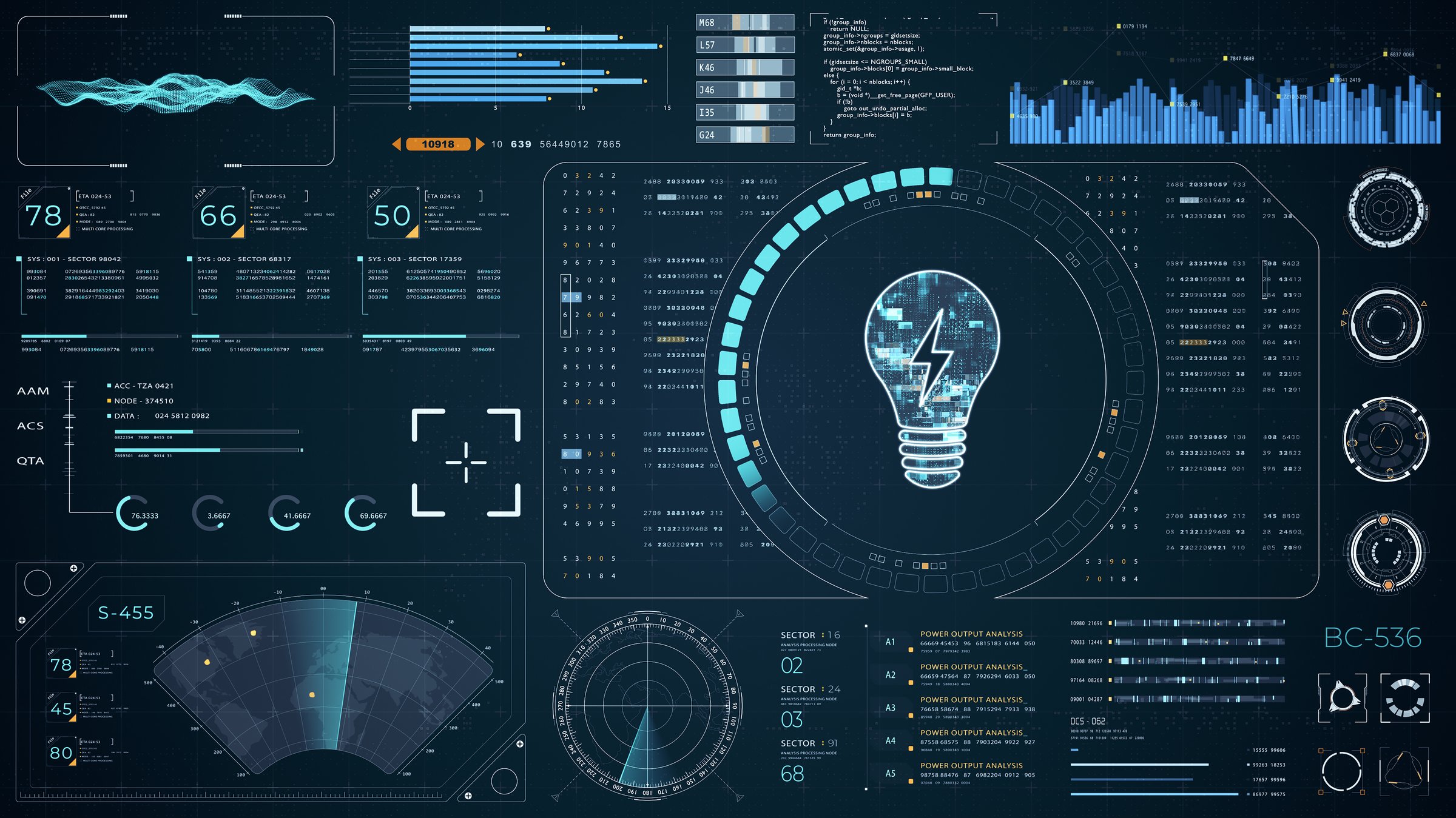 Blue digital lamp logo with head up display (HUD UI) panel and futuristic technology abstract background lightbulb and ideas concept