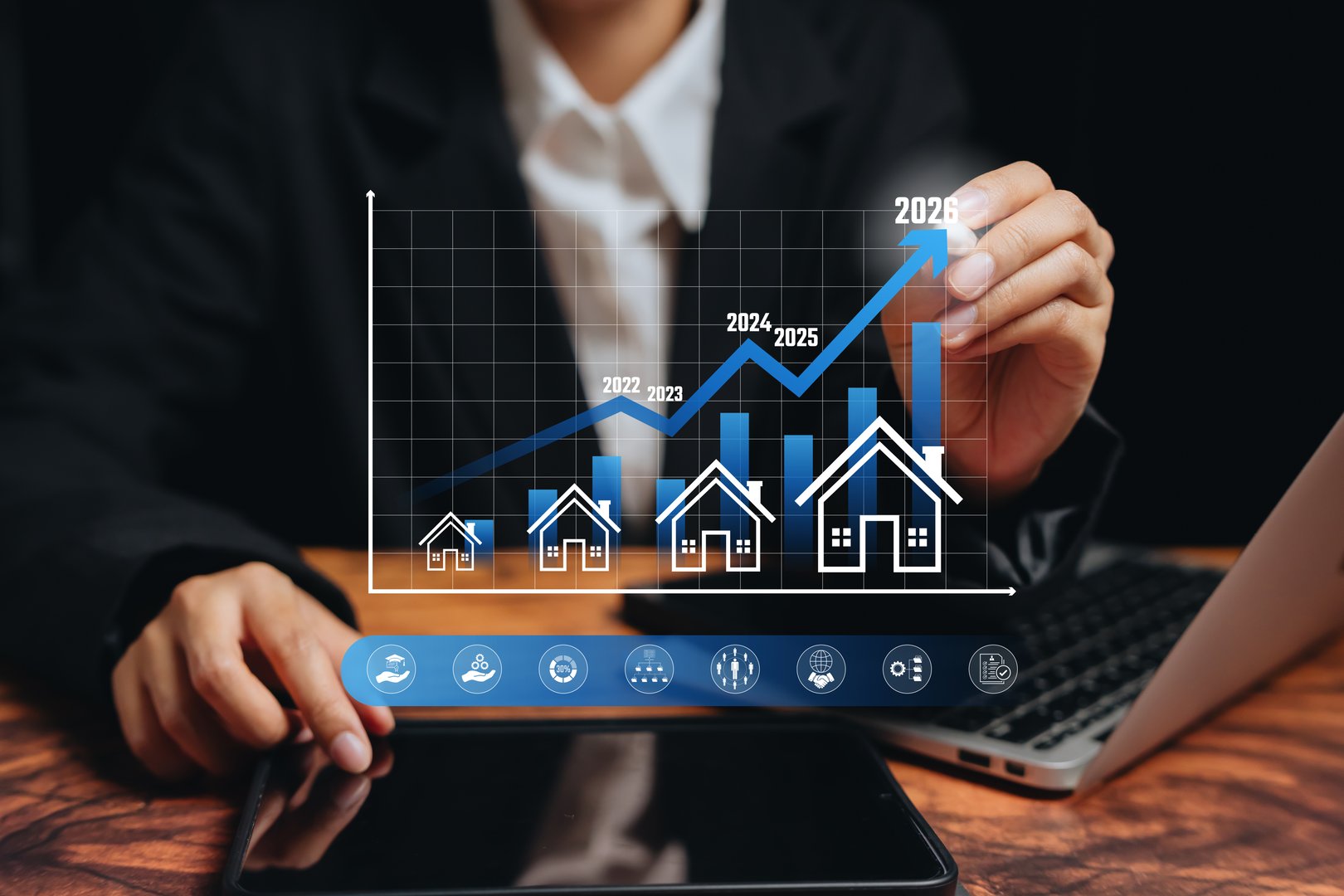 Financial growth concept. Businessman analyzing rising property chart with house icons, real estate investment, market forecast, asset value increase, economic planning, long term wealth