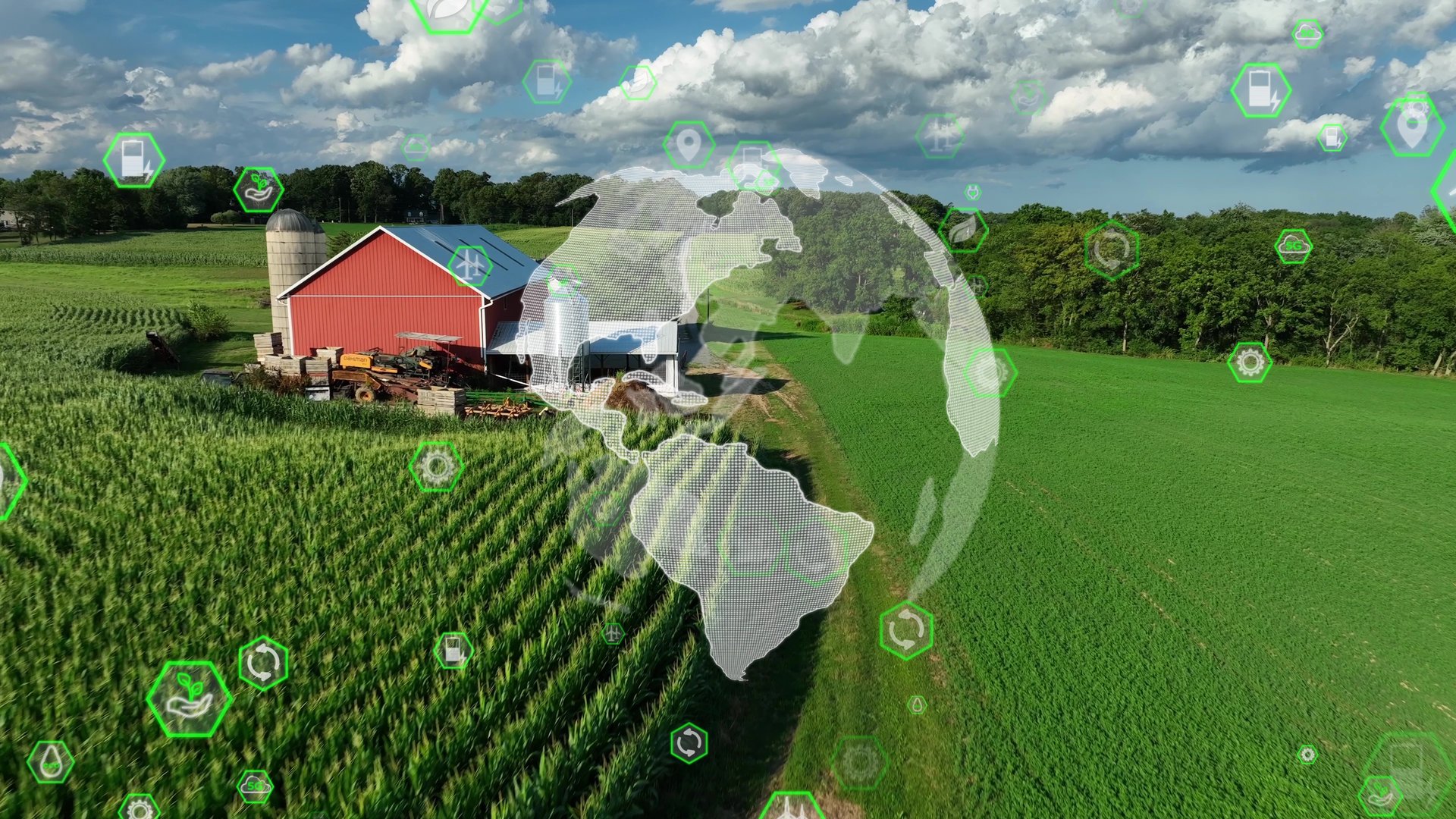 Global sustainable agriculture concept with icons and planet Earth on American farm with red barn and corn fields. Aerial drone shot. 3D graphic