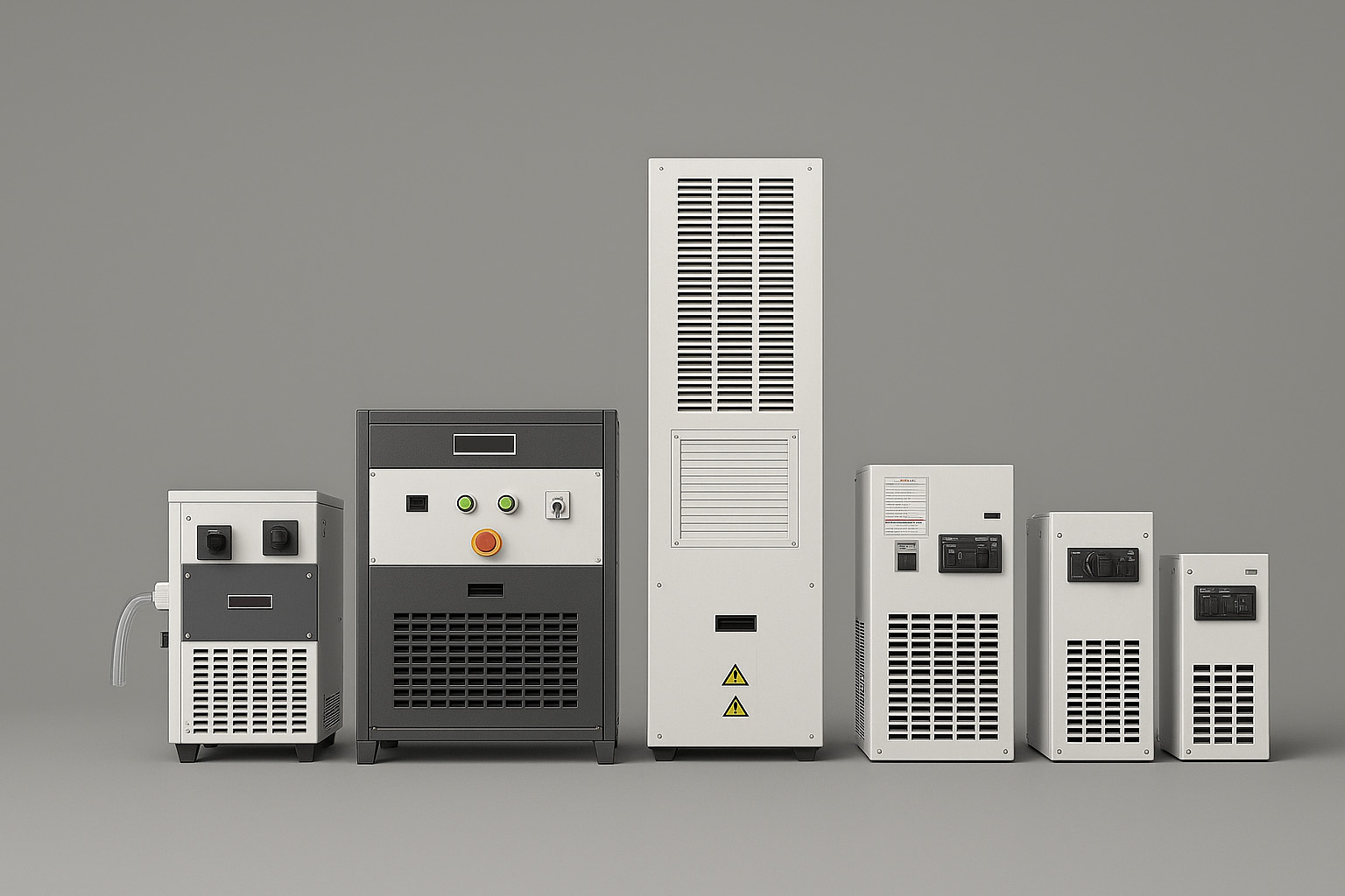 A row of six industrial electrical power units of varying sizes and designs against a gray background.