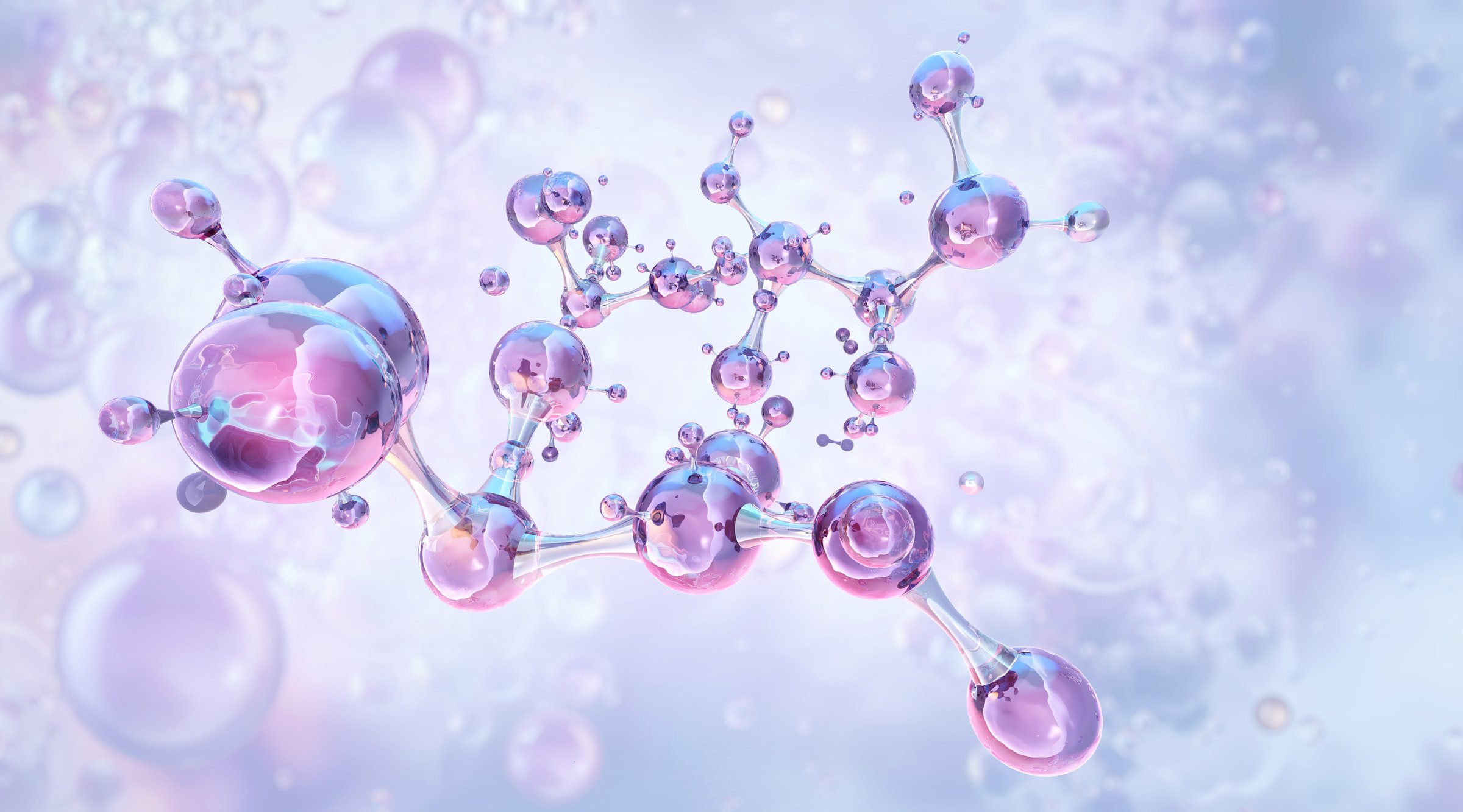 Hyaluronic acid molecules, 3D molecular structure. Hydration concept, anti-aging skincare, collagen, beauty innovation. Cosmetic ingredients, lipid nanoparticles, vitamins, biotechnology, dermatology