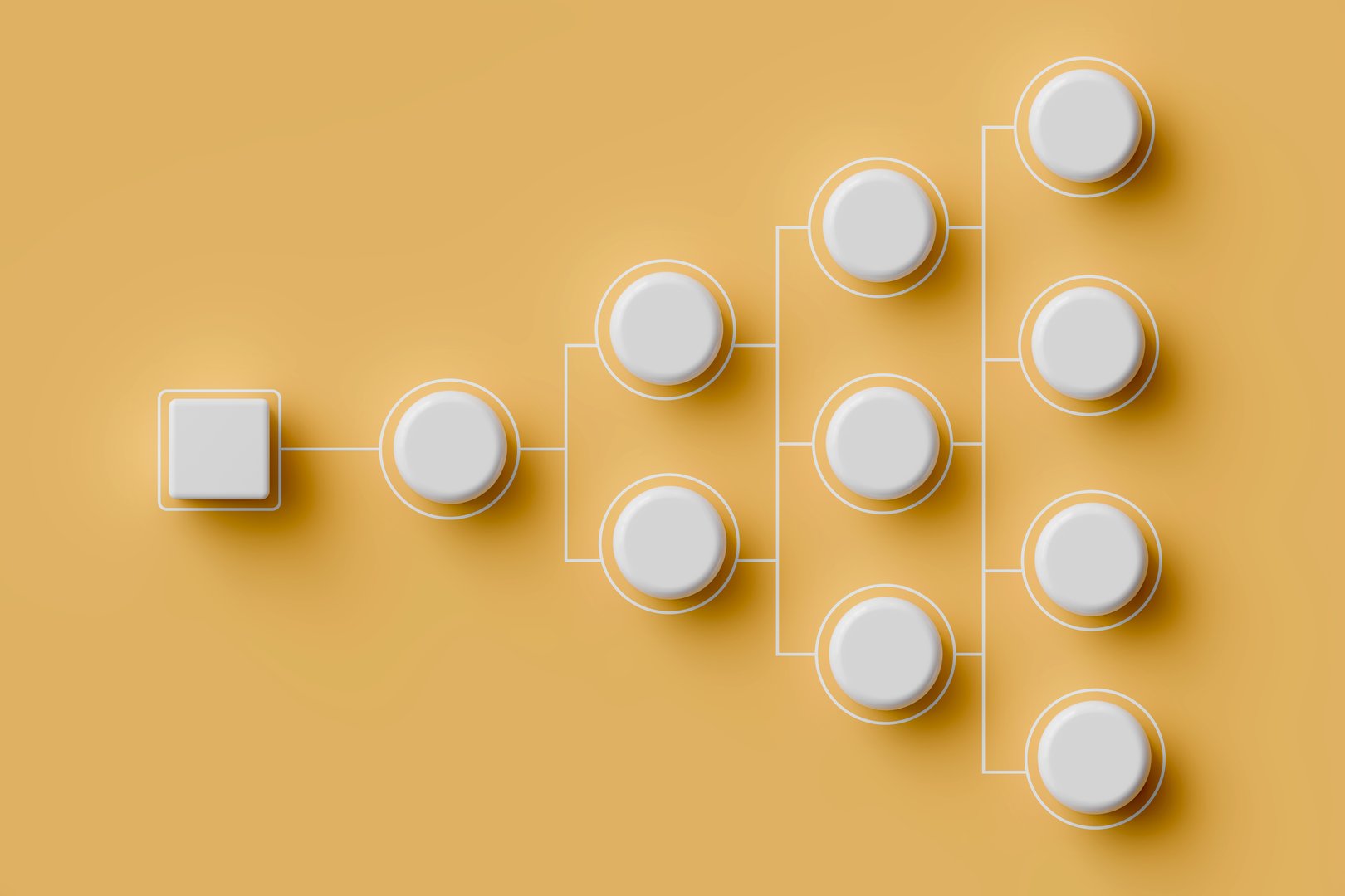White circle with connecting lines diagram on yellow background. Organization structure concept, location chart, organization management and human resource management. 3D illustration