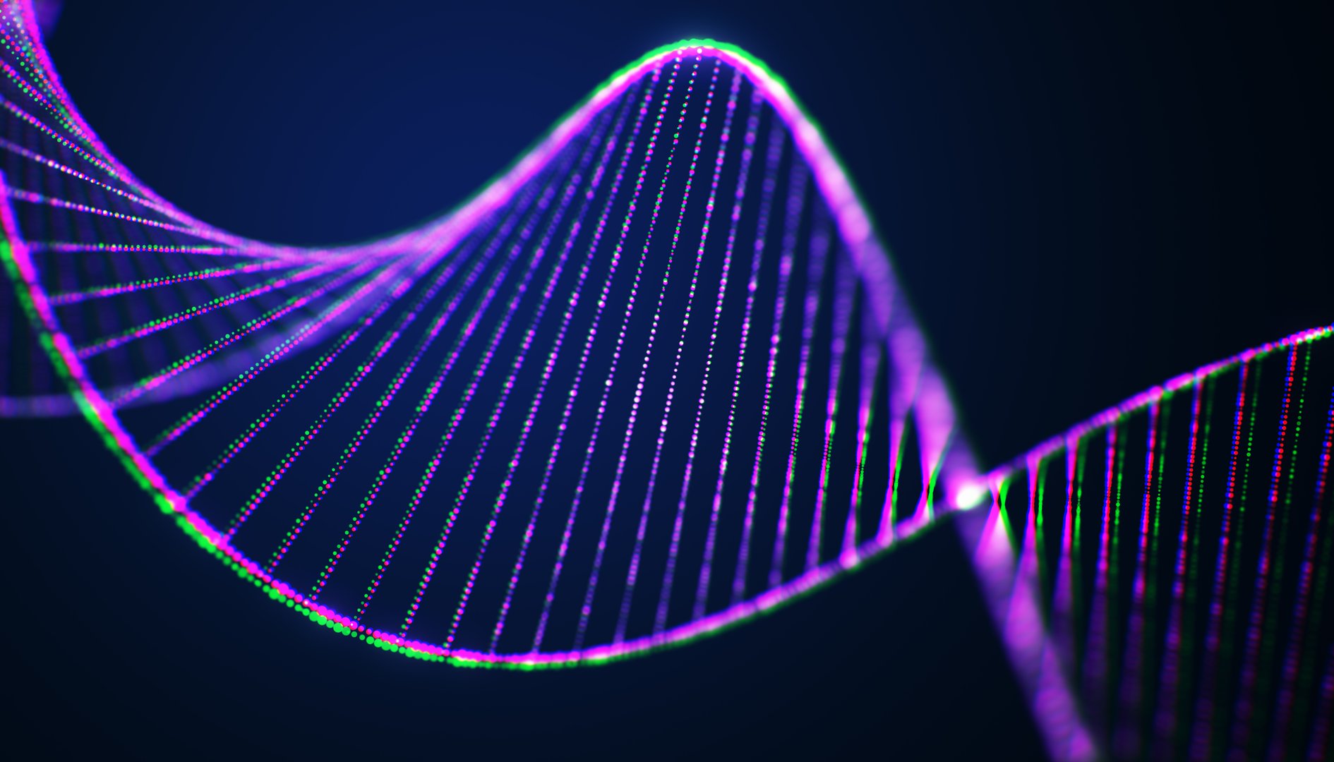 Glowing DNA spiral with vibrant purple and green lights, futuristic digital style on a dark blue background, concept of science and technology. 3D Rendering.