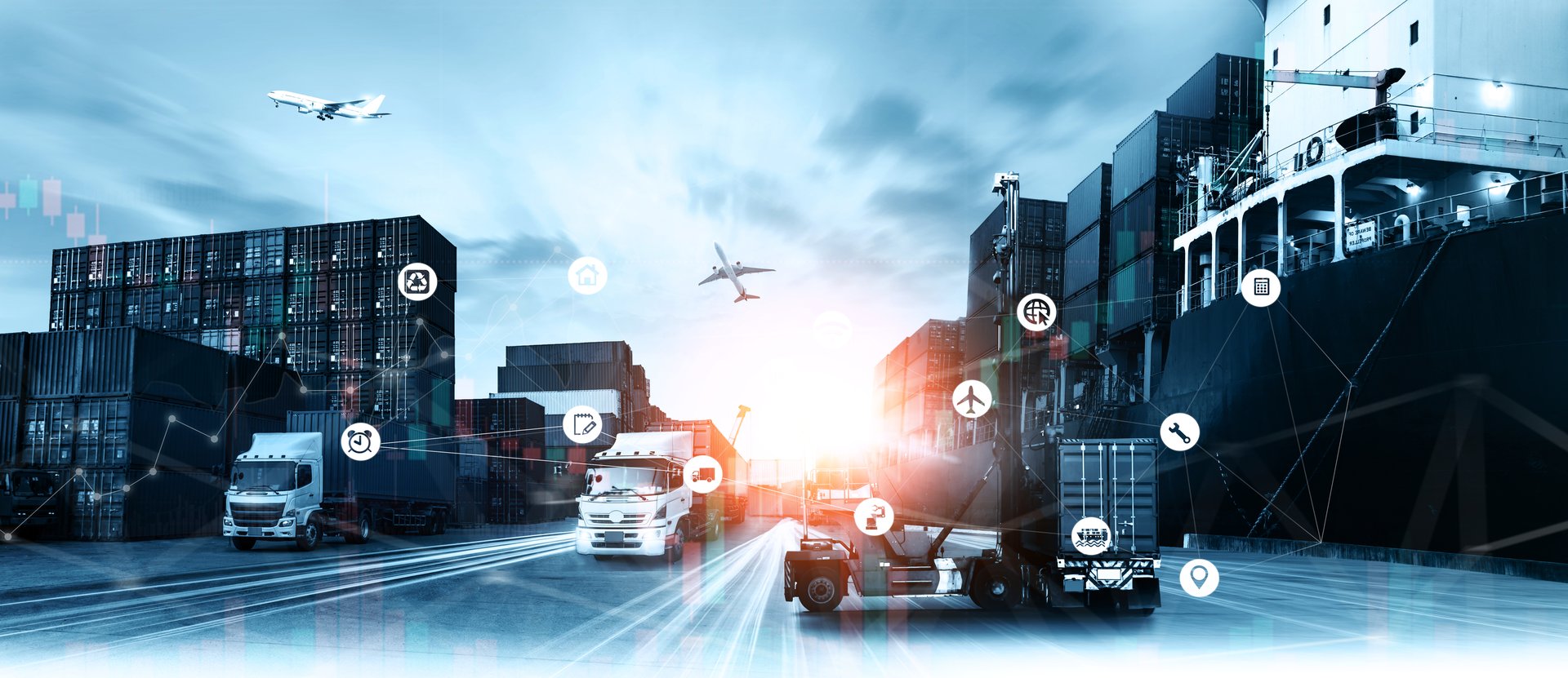 World map with logistic network distribution on background. Logistic and transport concept in front Logistics Industrial Container Cargo freight ship for Concept of fast or instant shipping, Online goods orders worldwide