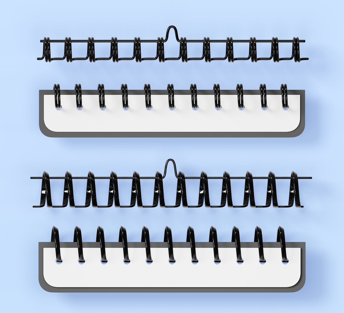 3d set of notebook spirals, black wire springs and ring binding pages for calendar, diary, notepad, note book isolated on blue background. Realistic binders with paper sheet border. 3D illustration