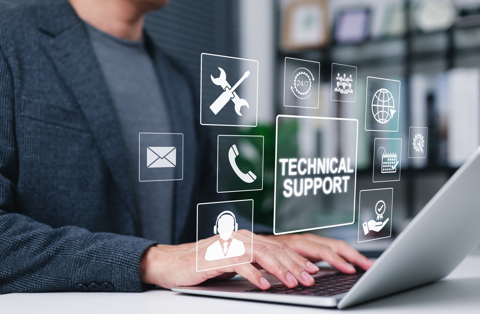 Technical support and customer service concept. Digital icon representing technical support, customer service, and 24-7 assistance. Business technology solutions for global support, service management